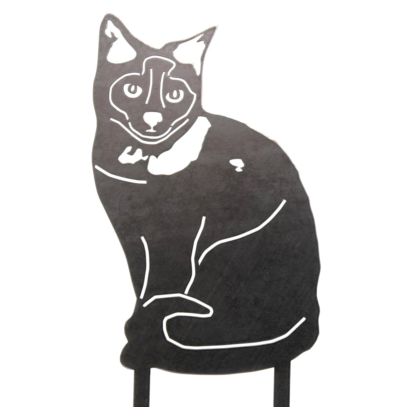 Metal silhouette of a Birman cat in black, featuring detailed cutouts and sturdy stakes for outdoor display.