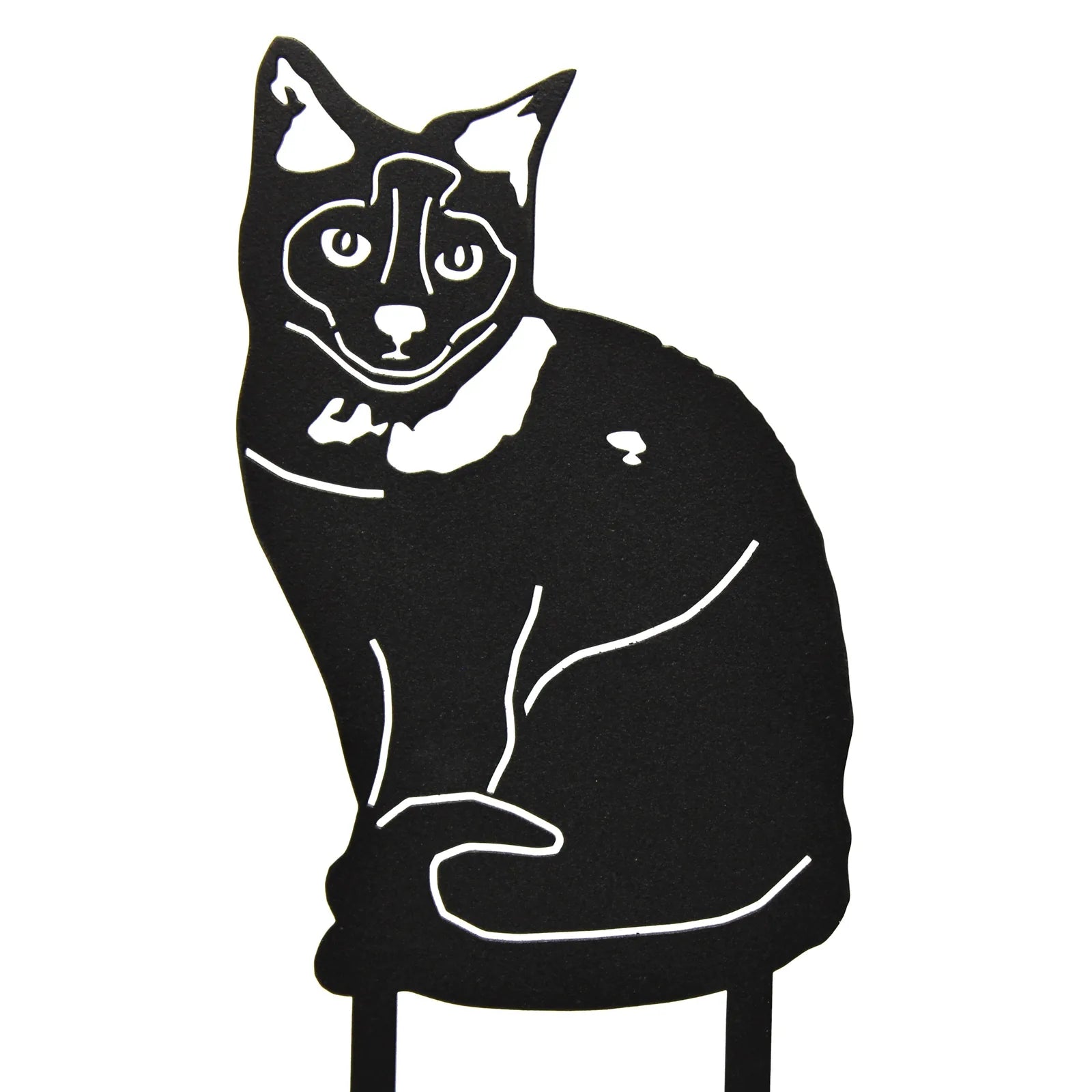 Black metal silhouette of a sitting Birman cat with detailed features, suitable for outdoor decor.