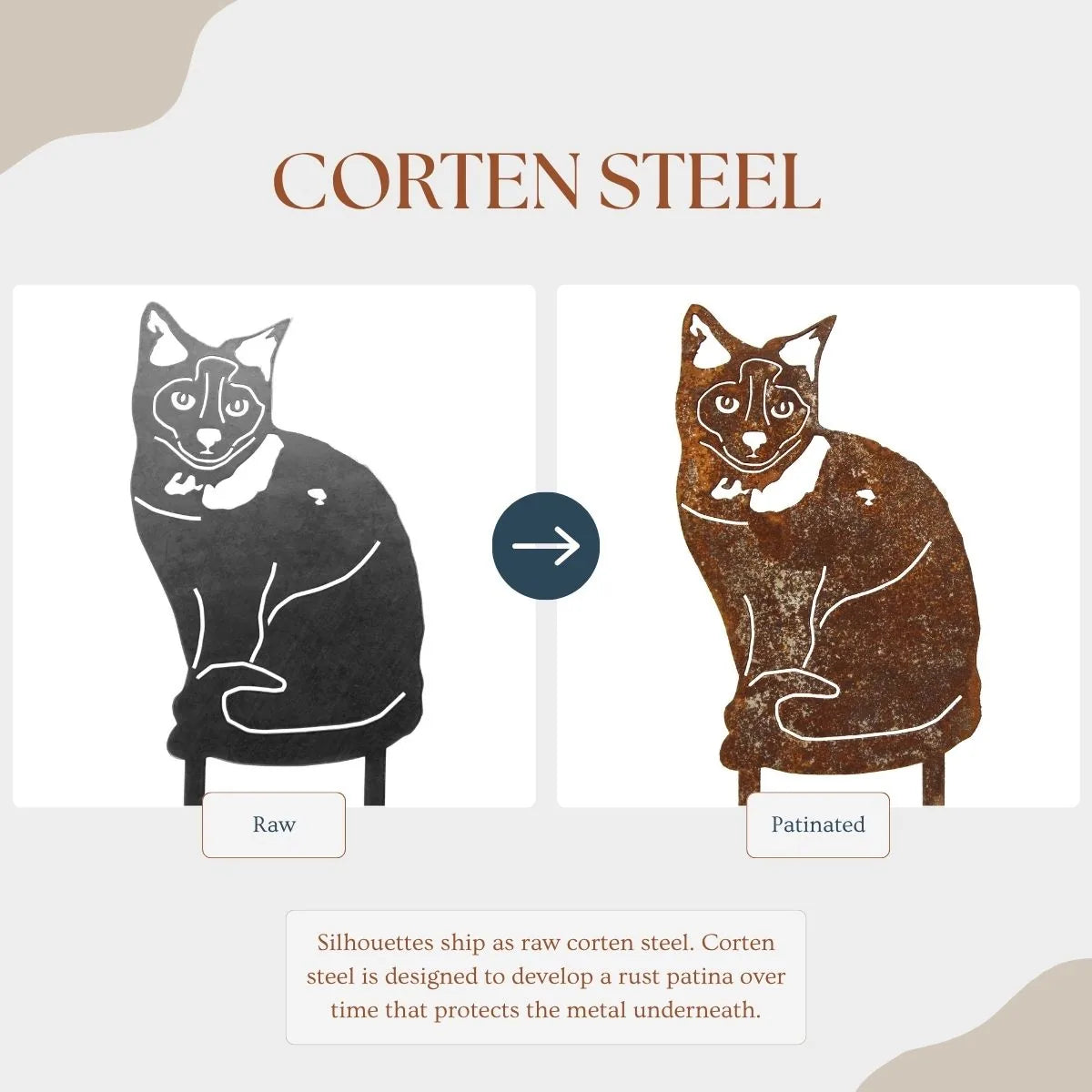 Birman dog silhouette in Corten steel, showcasing raw to patinated finish transition for outdoor metal art.
