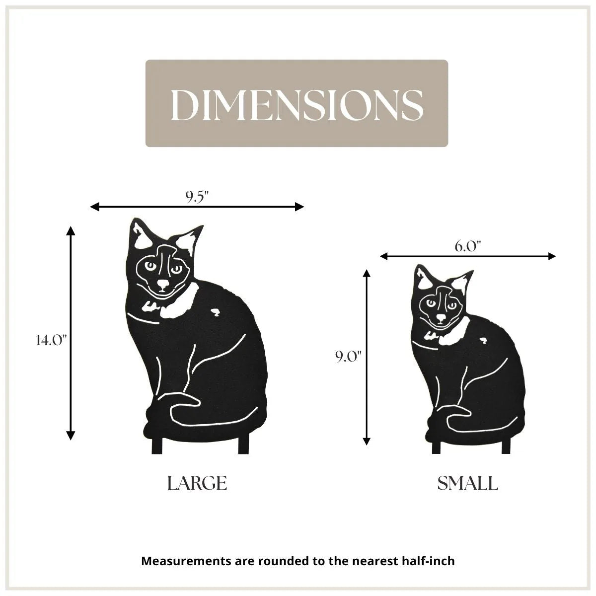 Black metal silhouette of a Birman cat with dimensions labeled for large (14") and small (9") sizes.