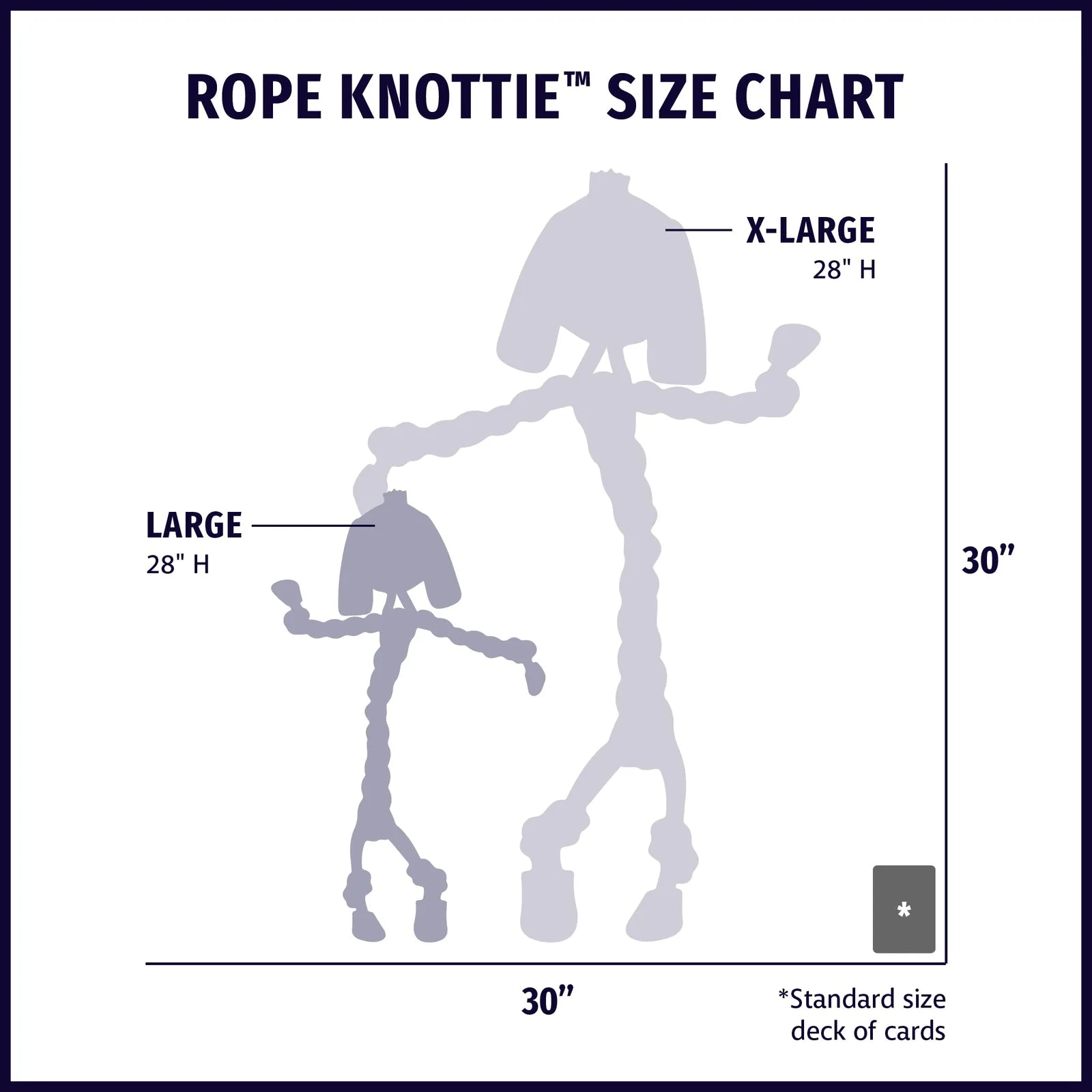 Size chart comparing large and extra-large Rope Knottie® toys with measurements marked for clarity.
