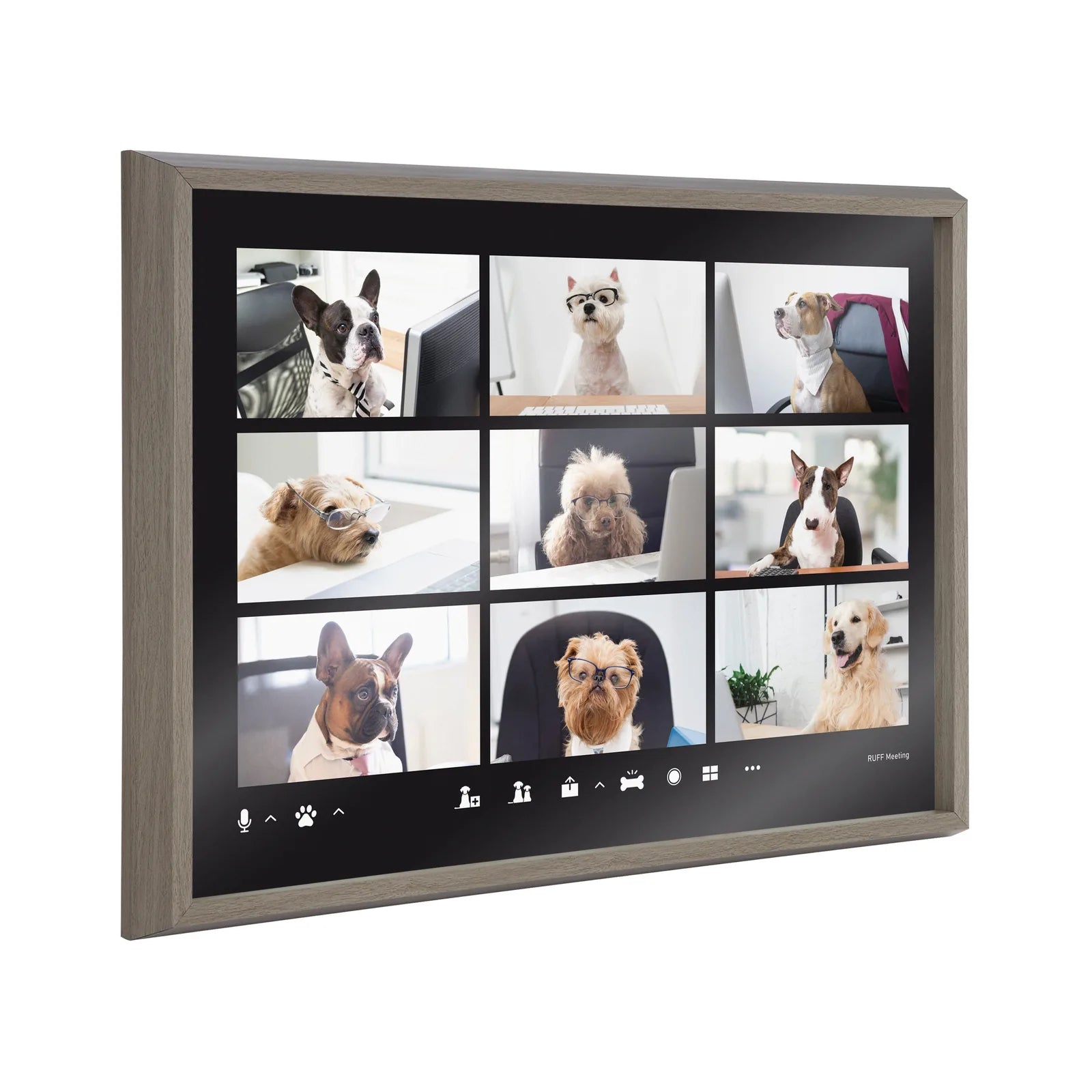 Framed glass art featuring playful dogs in a video chat, set in a gray polystyrene frame, size 18x24 inches.