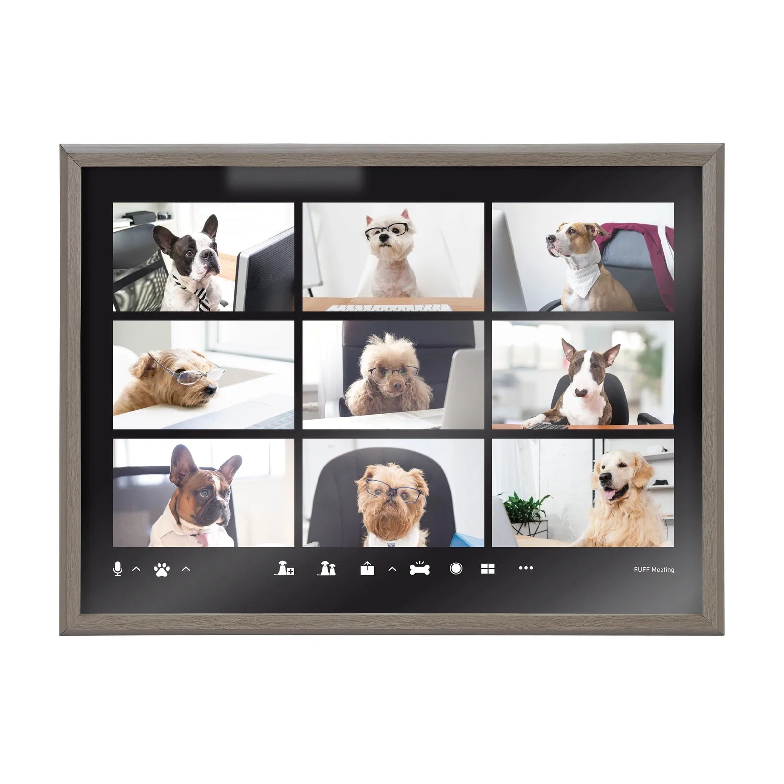 Framed glass art featuring playful dogs in a video chat, encased in a gray lightweight frame.