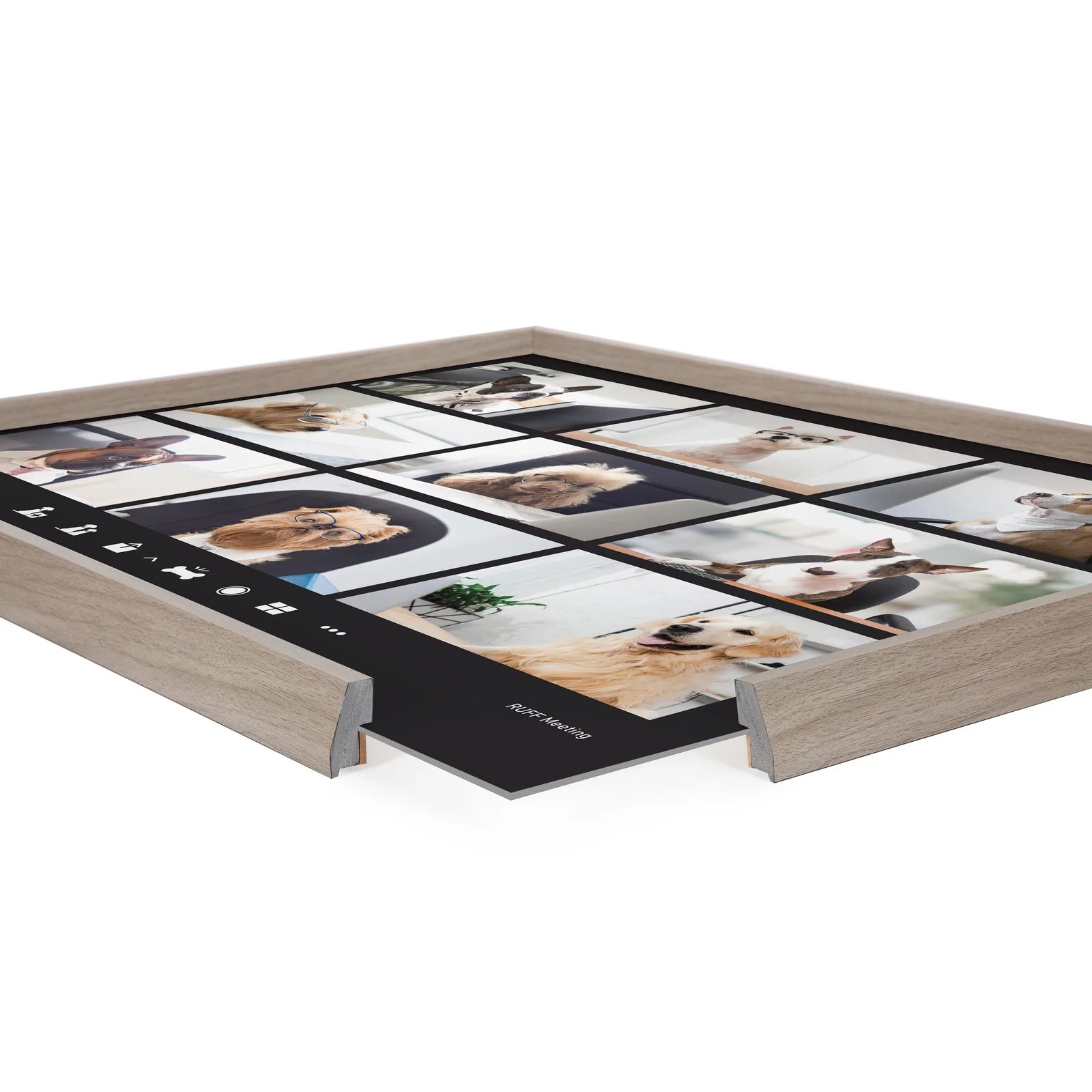 Framed printed glass art featuring playful dog illustrations in a video chat setting, with a lightweight gray frame.