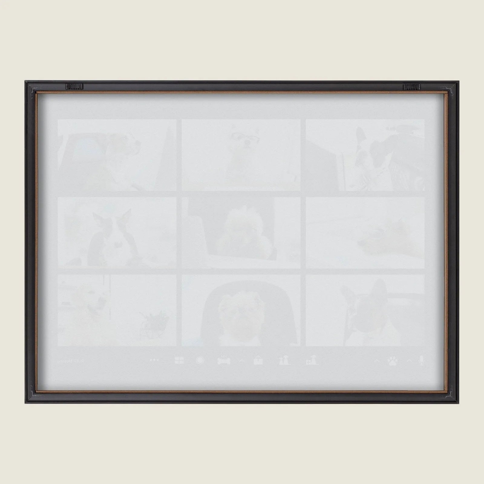 Framed printed glass art featuring playful dogs in video chat, set in a lightweight gray polystyrene frame.