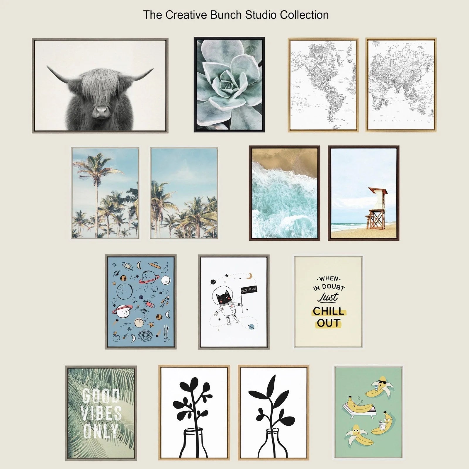 Framed print featuring playful dog illustration in a video chat setting, surrounded by diverse framed art styles.