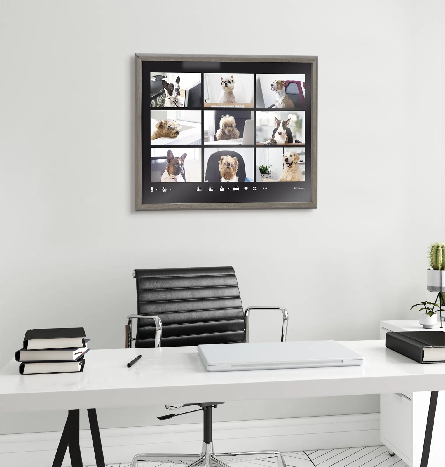 Framed glass art featuring playful dog illustrations in a video chat setting, with a gray polystyrene frame.