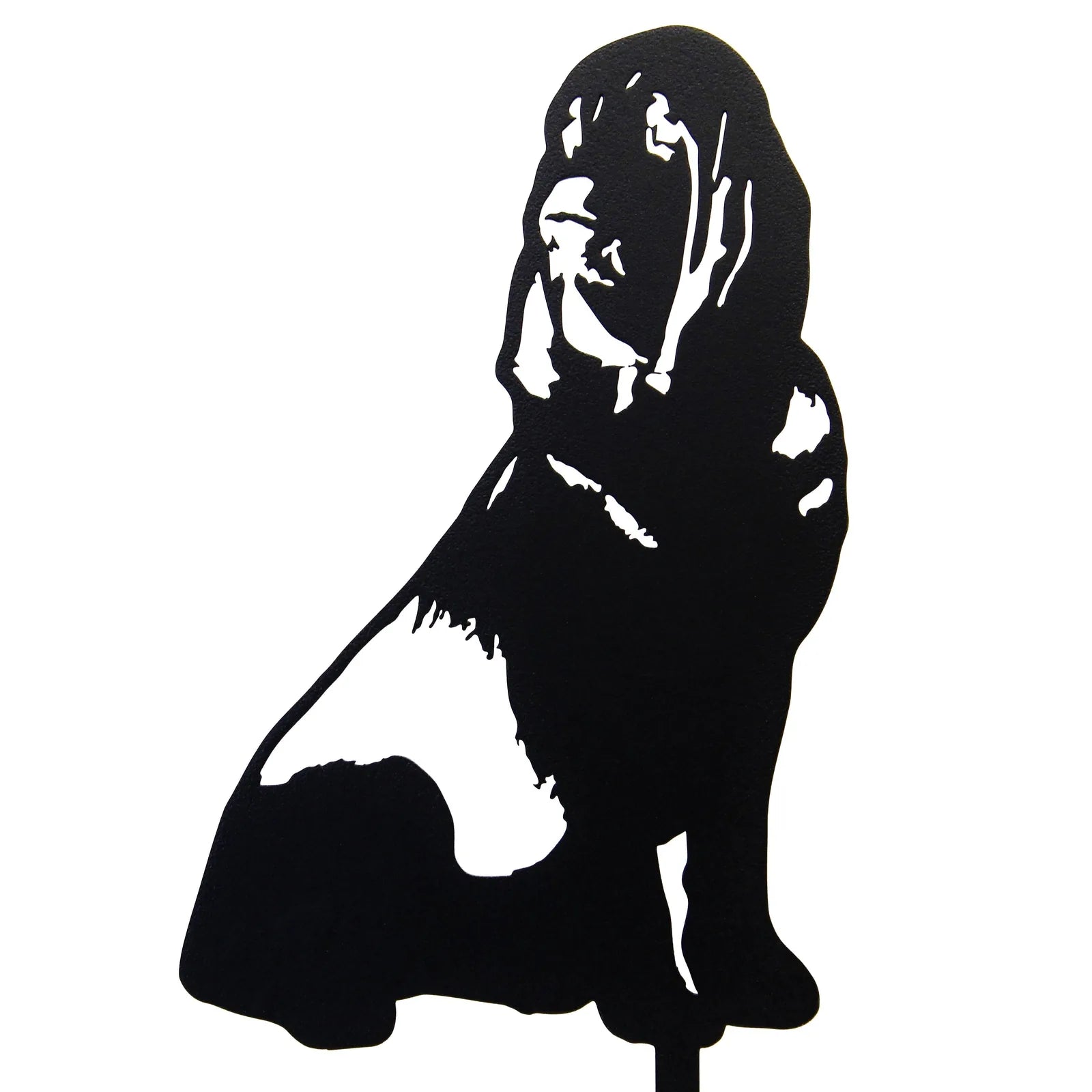 Black metal silhouette of a seated Bloodhound, showcasing detailed features and strong lines for outdoor decor.