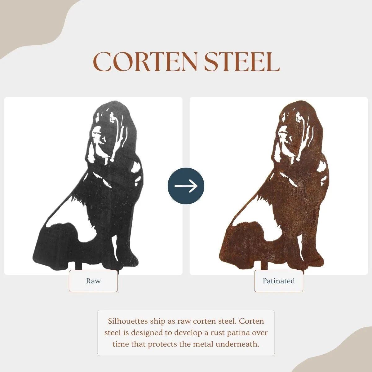 Bloodhound metal silhouette, left in matte black and right with a rust patina, showcasing Corten steel's transformation.
