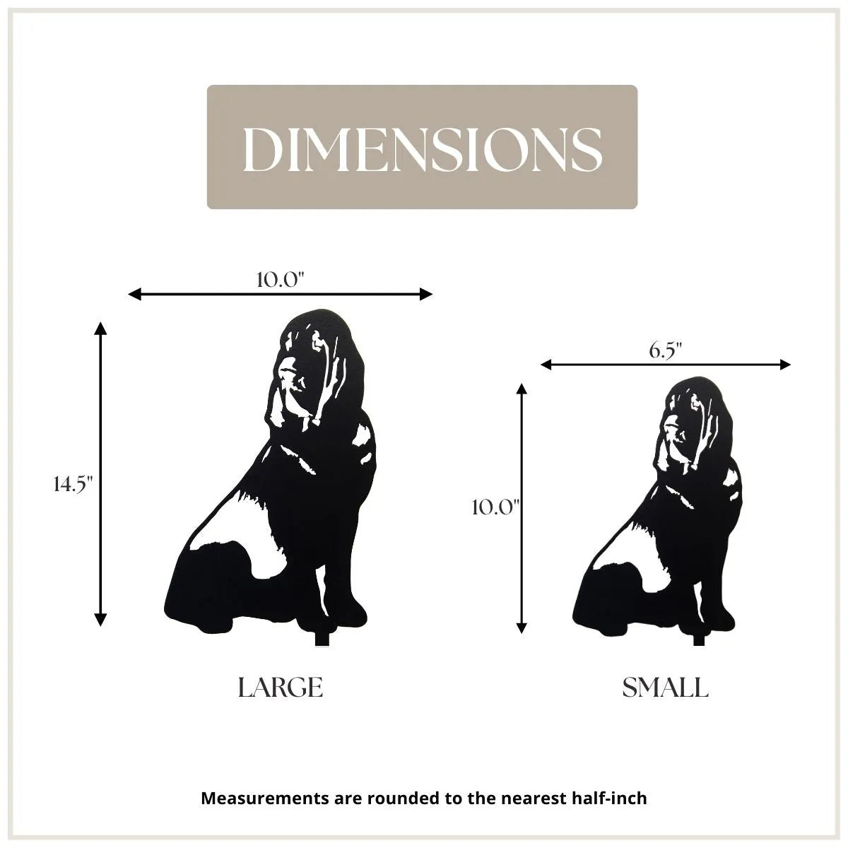 Black Bloodhound metal silhouette with size dimensions for large (14.5") and small (10") options displayed.