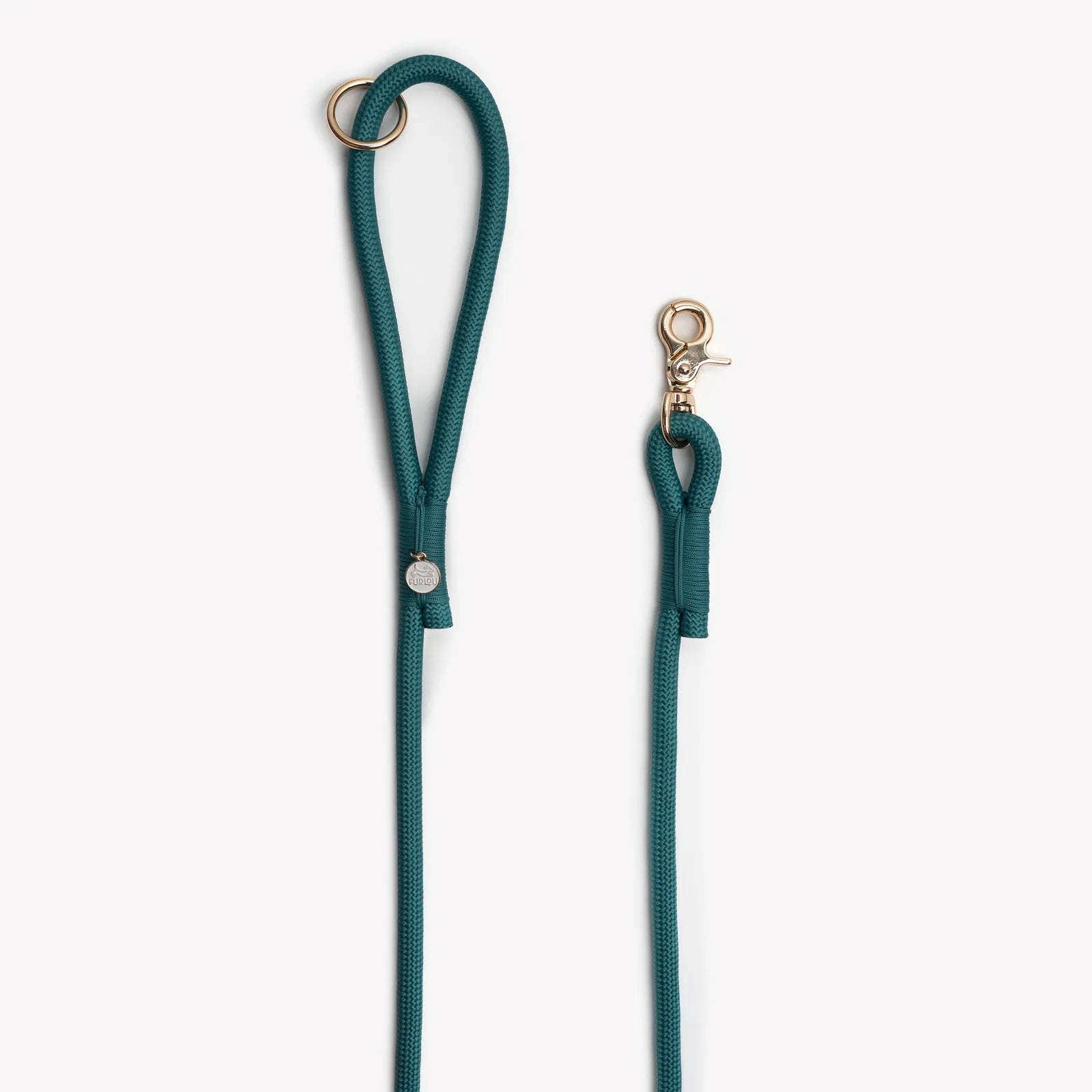 Braided teal nylon leash by FURLOU with a gold O-ring and clasp for easy attachment of accessories.