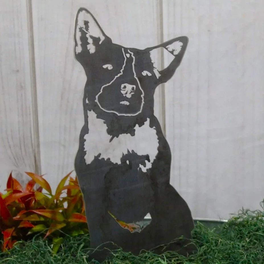 Black metal silhouette of a Blue Heeler sitting, surrounded by green foliage, against a light wooden background.