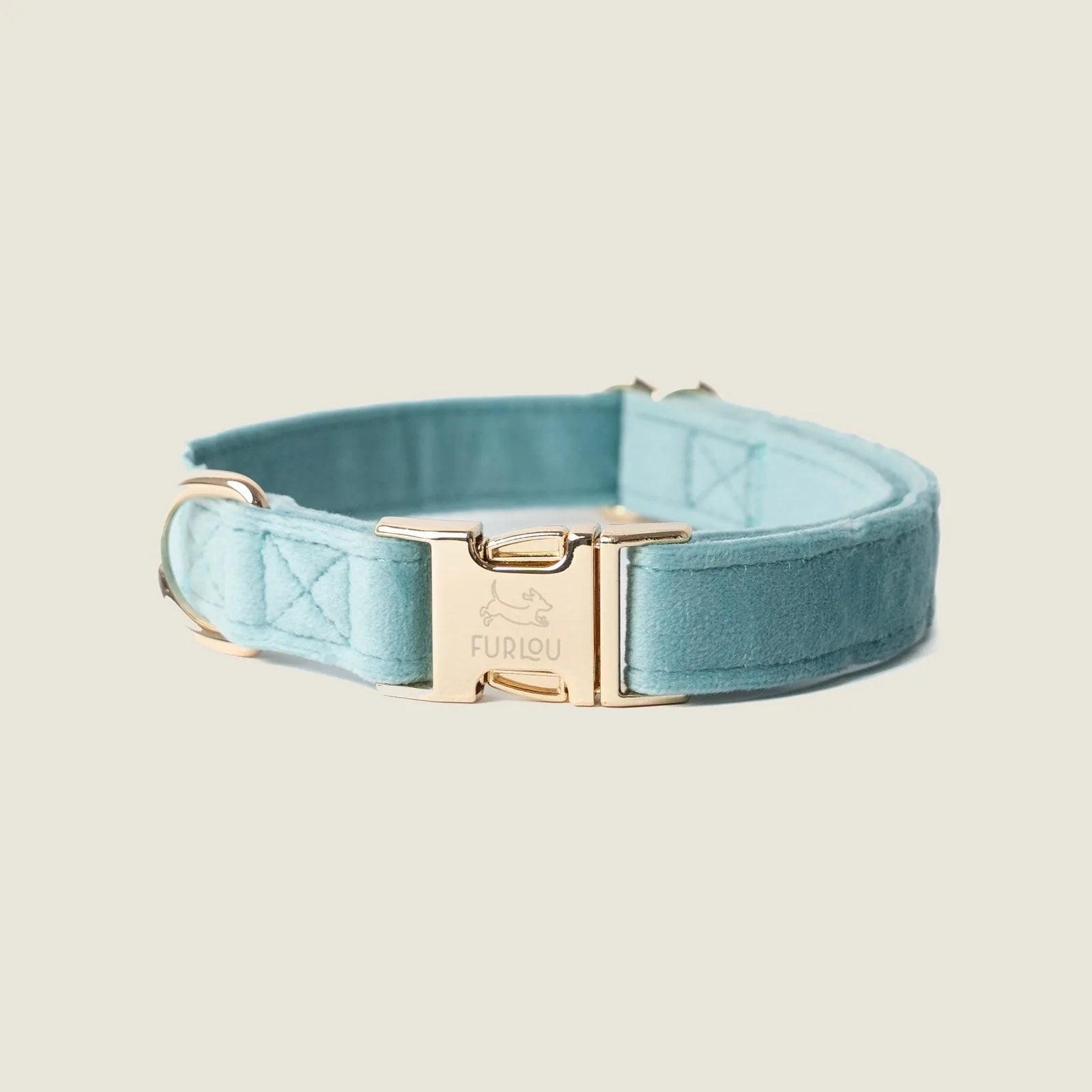 Soft blue velvet dog collar by FURLOU featuring a gold buckle and elegant stitching details. Ideal for stylish everyday wear.