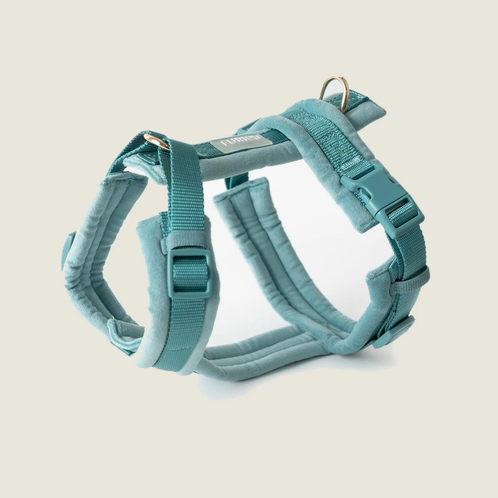 Plush teal velvet dog harness featuring four adjustable straps and gold hardware for stylish comfort.