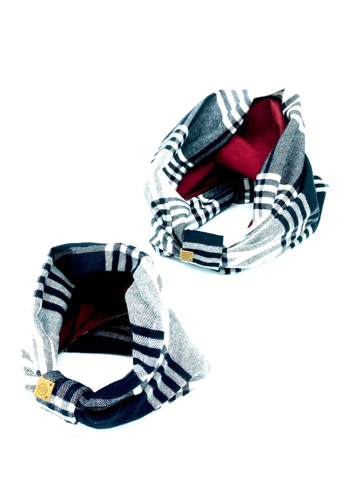 Reversible 'Bobby' snood in black and white plaid with red interior, made from soft brushed cotton flannel.