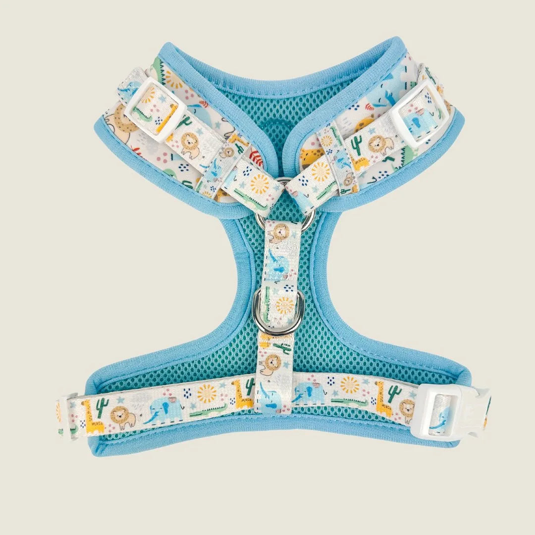 Light blue mesh harness featuring playful animal and nature patterns, designed for adjustable comfort for dogs.