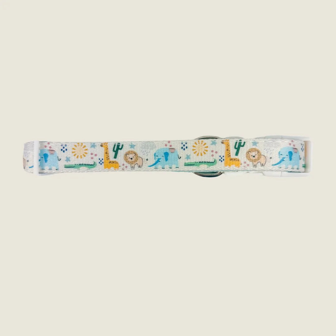 Adjustable Boho Baby dog collar with vibrant animal patterns on a light background, featuring neoprene padding.