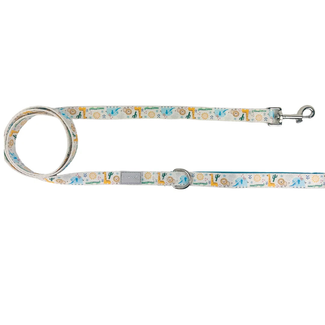 Boho Baby Leash in pastel colors with animal and cactus patterns, made of durable polyester with a zinc alloy clip.