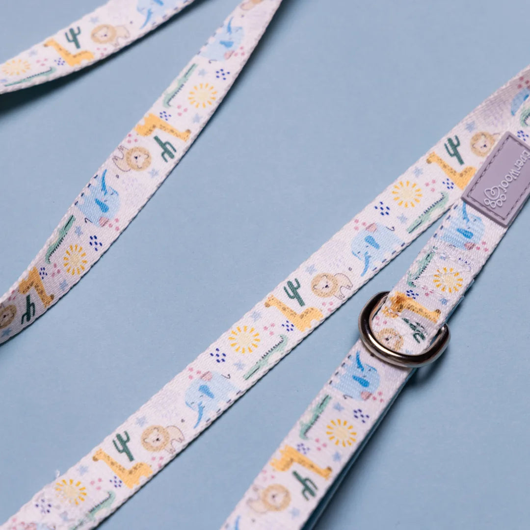 Colorful Boho Baby Leash featuring playful animal and cactus patterns on durable material, ideal for everyday dog walks.