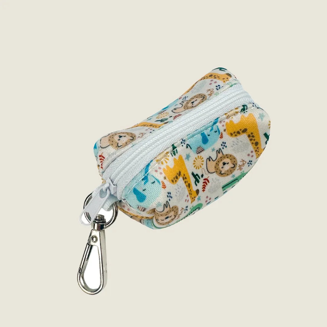 Boho Baby Waste Bag in a playful animal print, featuring a zip closure and swivel clip for easy attachment.
