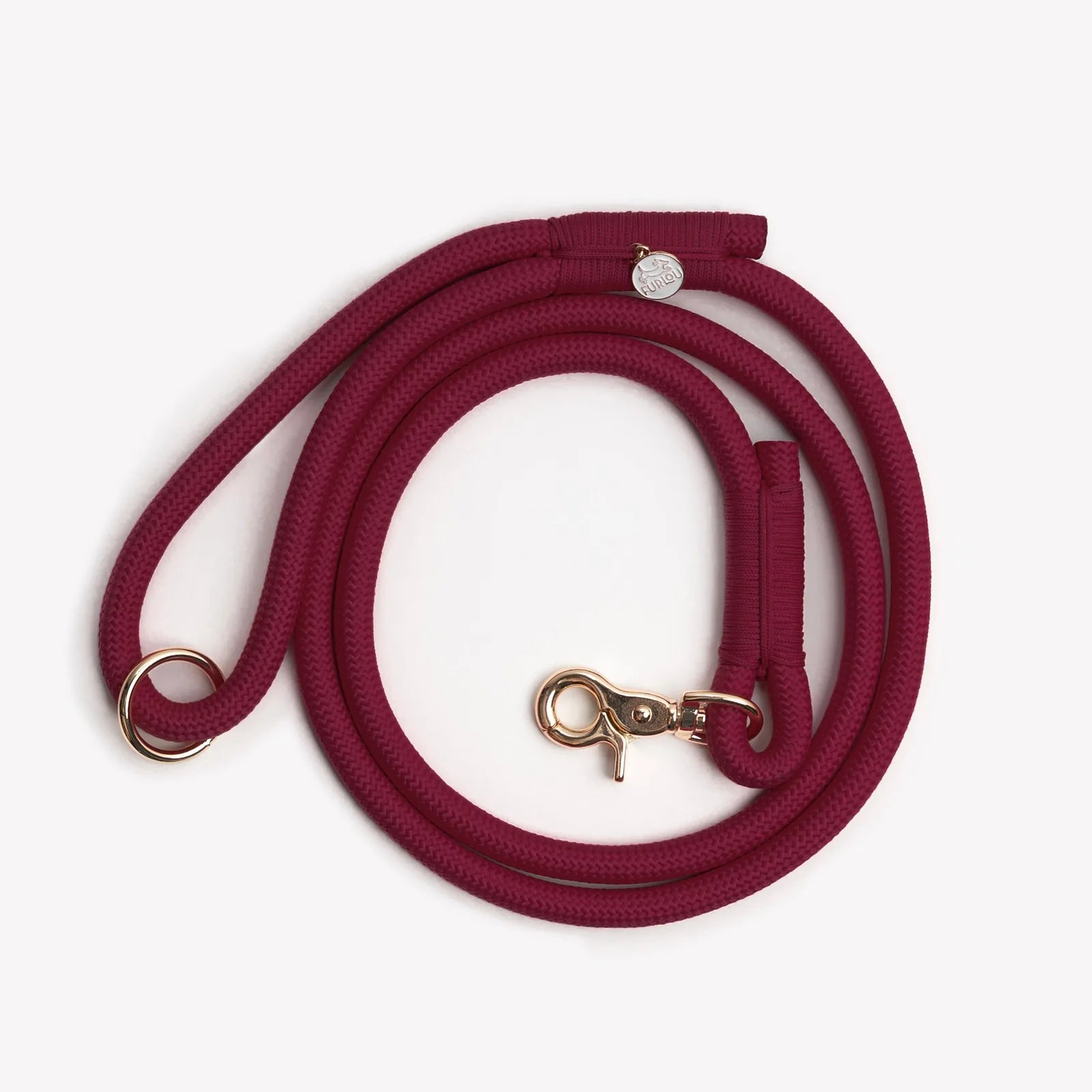Bordeaux braided rope leash in deep red, featuring a gold clip and O-ring for easy accessory attachment.
