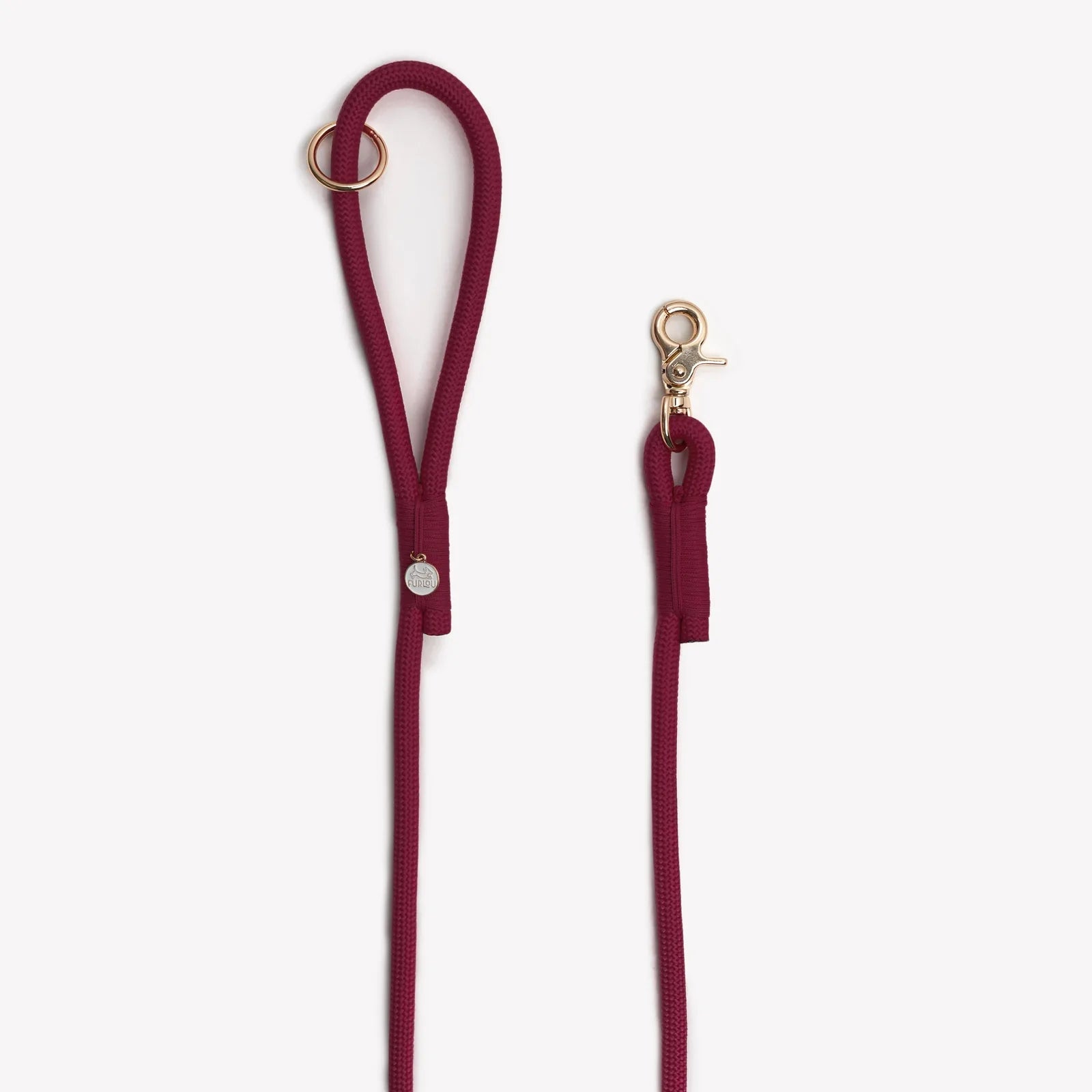 Bordeaux braided rope leash in deep red, featuring a sturdy O-ring and gold clip for accessories.