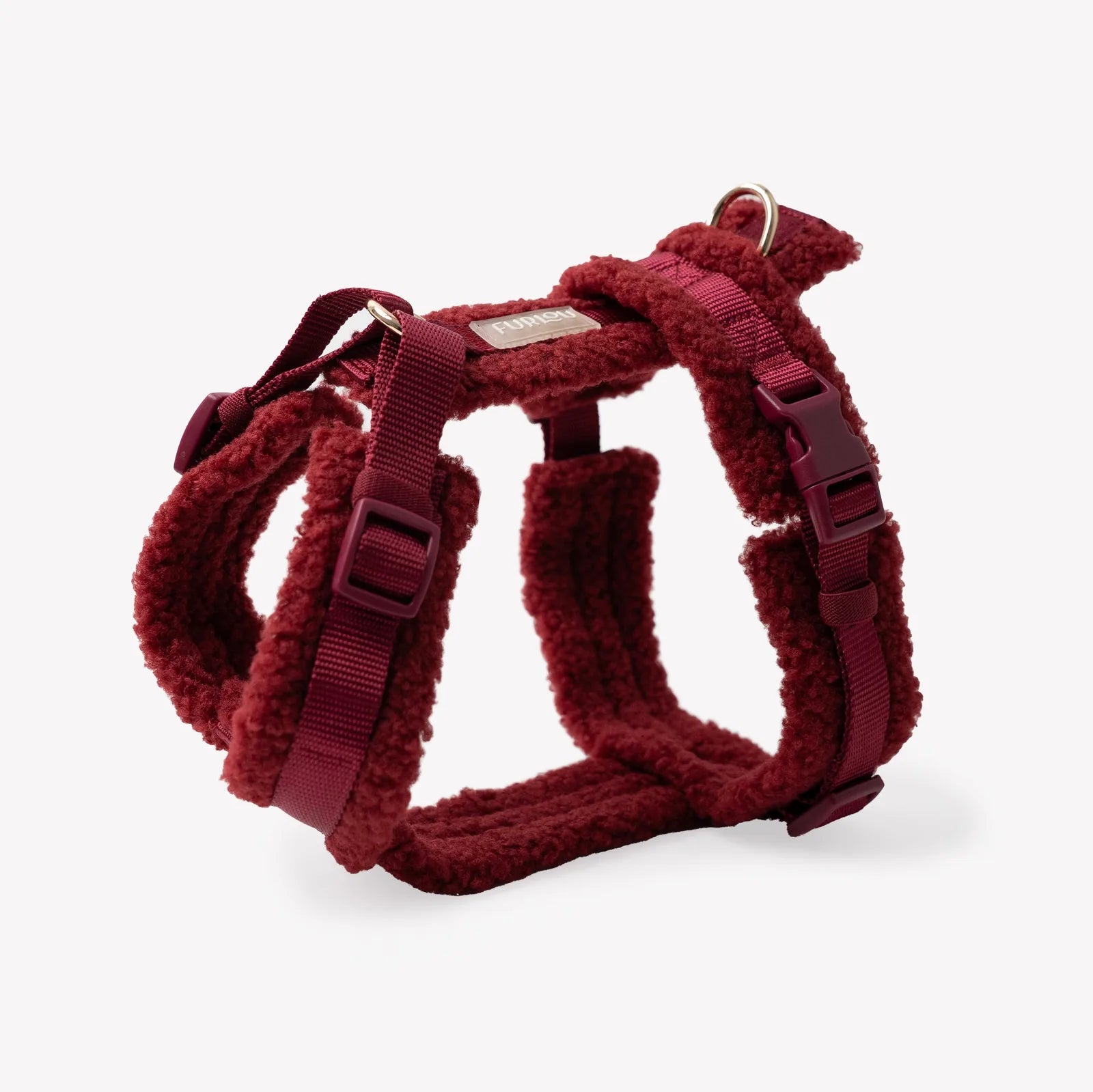 Bordeaux sherpa dog harness by FURLOU, featuring soft, cozy material and adjustable straps for a comfortable fit.