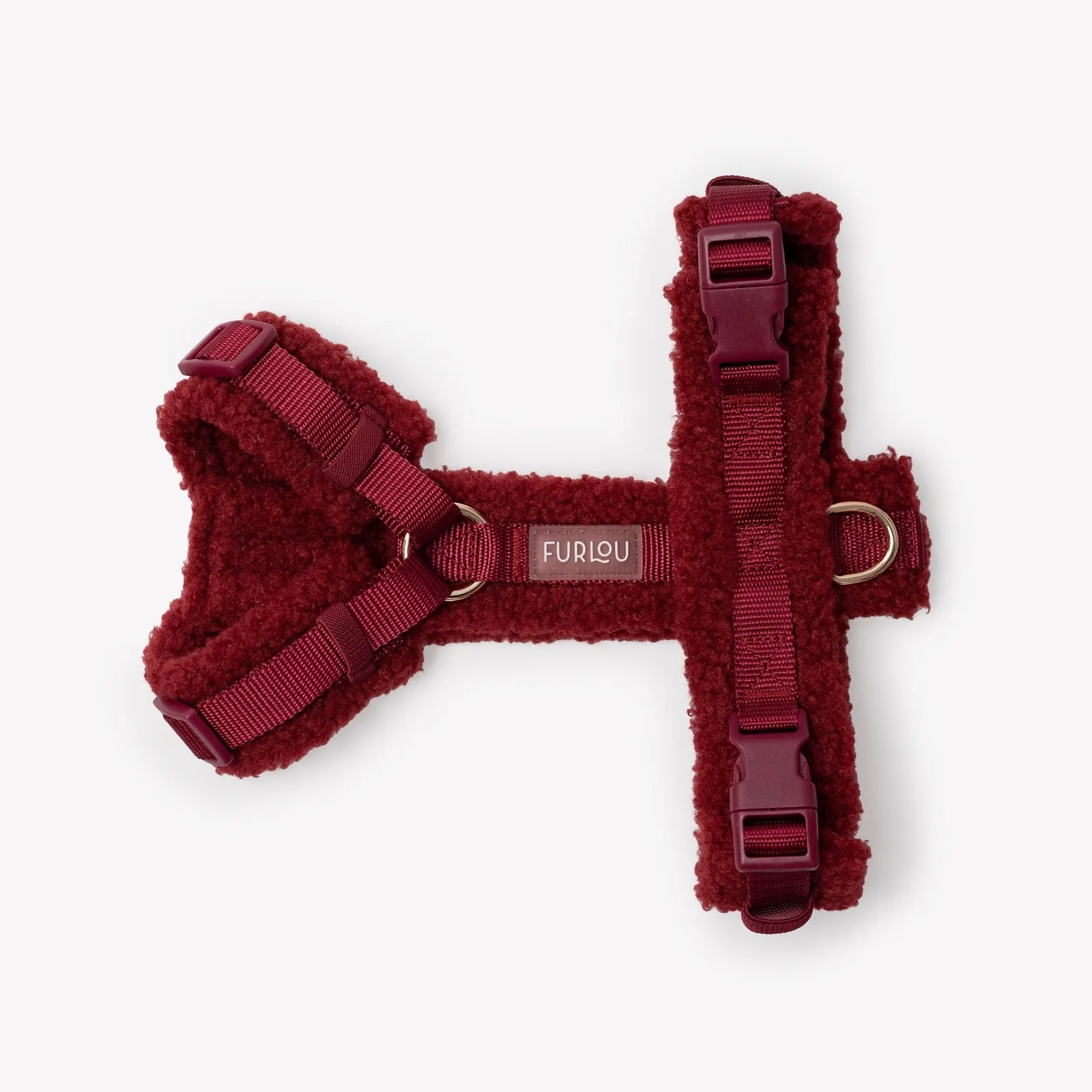 Bordeaux sherpa dog harness by FURLOU, featuring adjustable straps and soft, cozy material for added comfort.