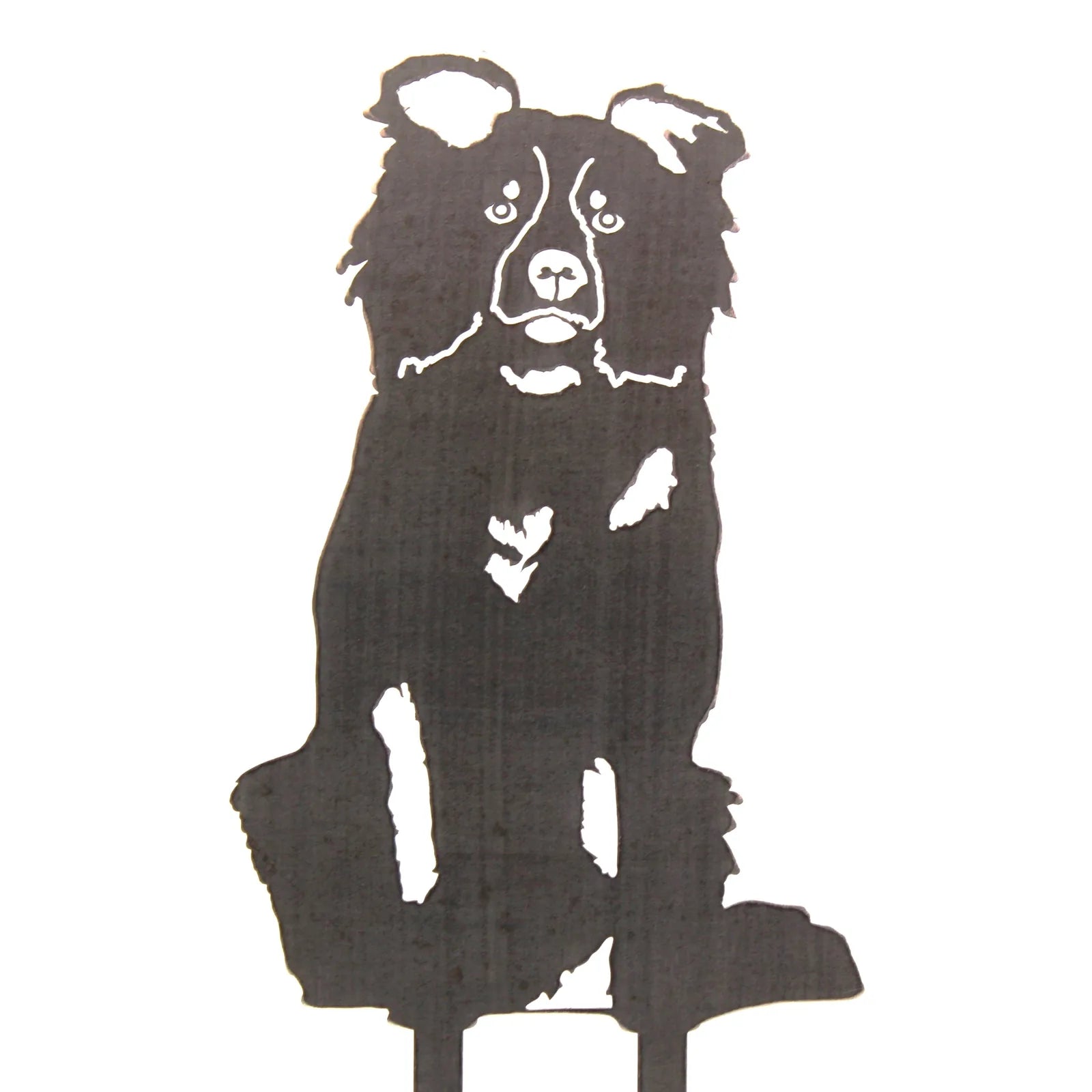 Border Collie metal silhouette, matte black, depicting a sitting dog with detailed features, perfect for outdoor decor.