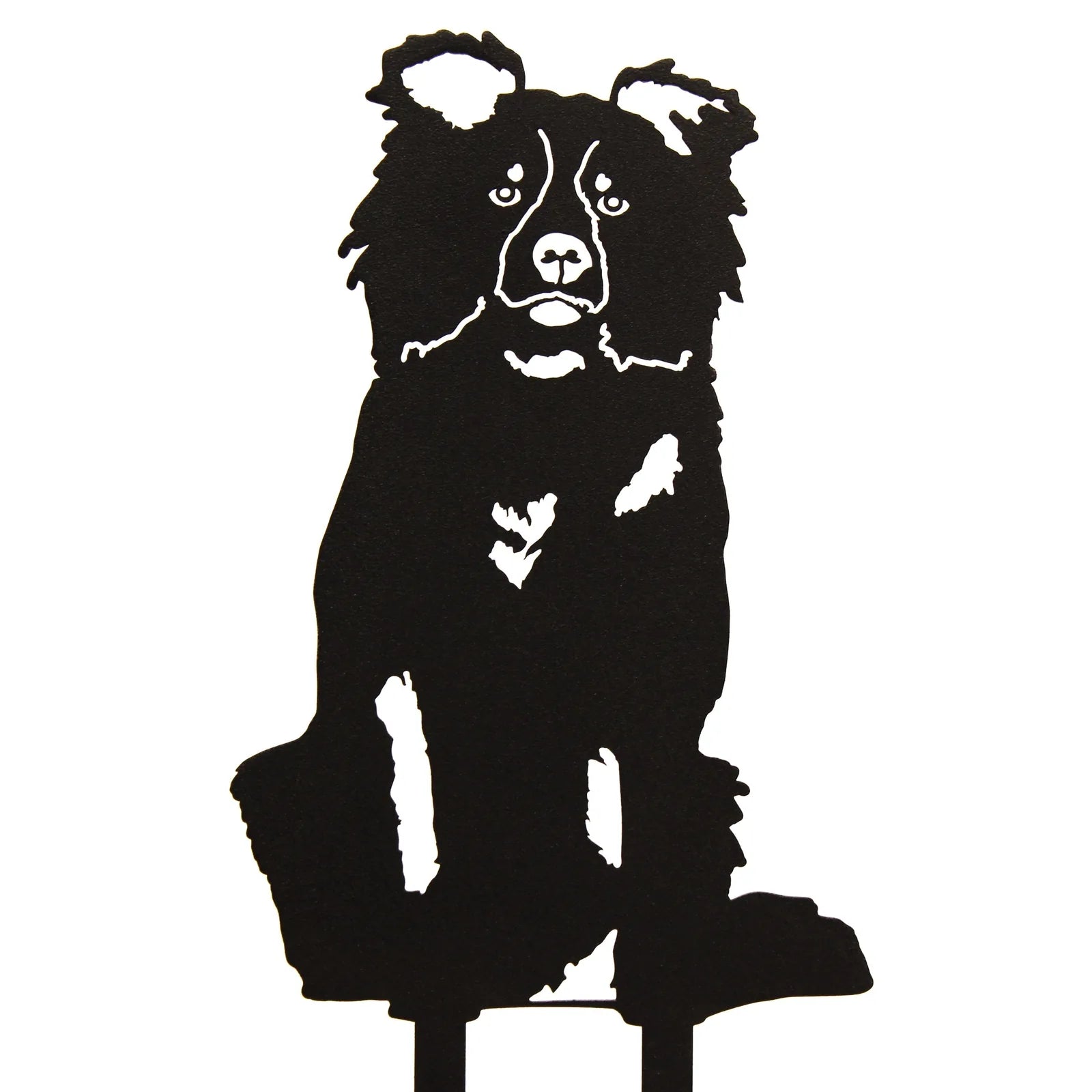 Black metal silhouette of a sitting Border Collie with detailed features, perfect for outdoor dog decor.