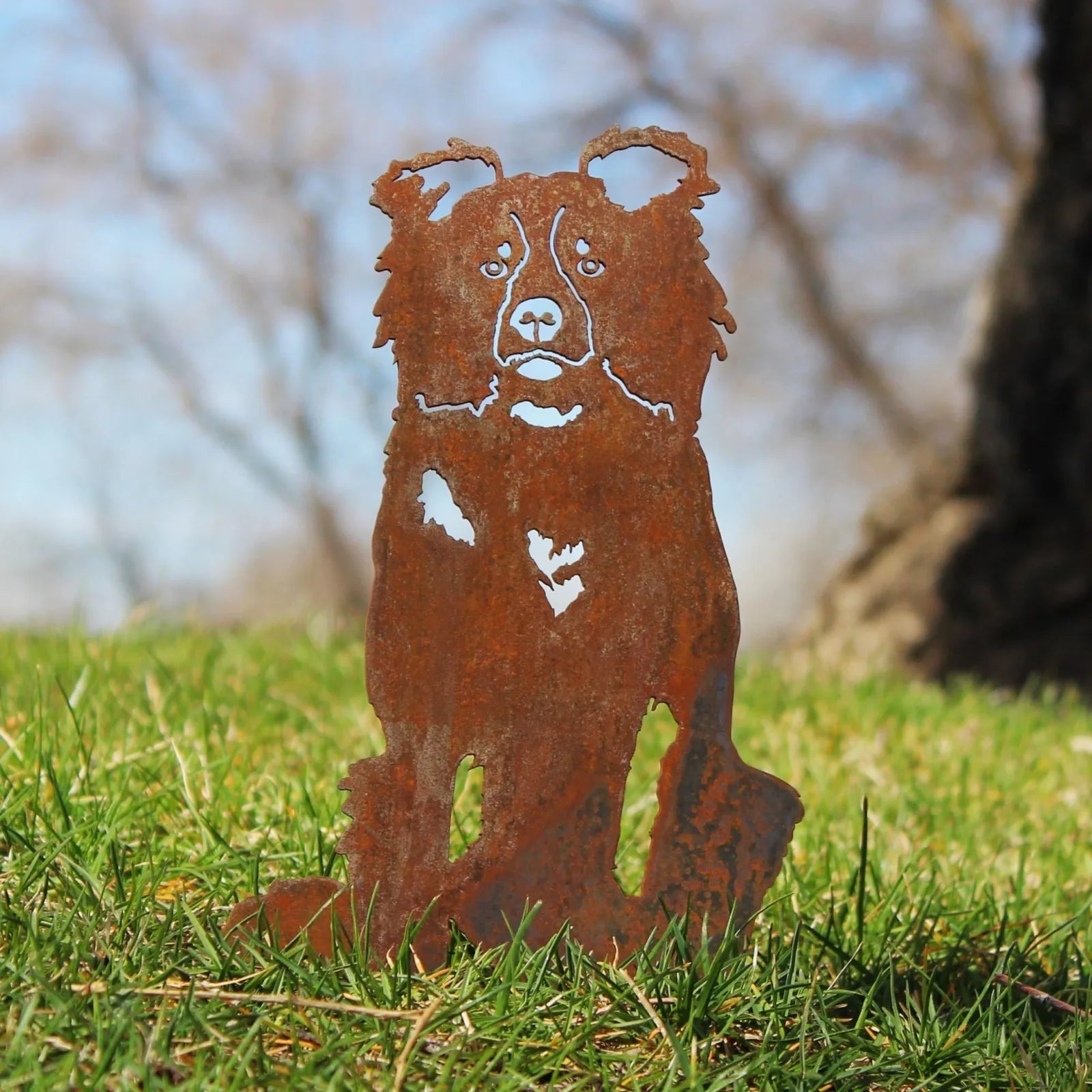 Rusty Corten steel Border Collie silhouette standing on green grass, showcasing intricate cut-out details.
