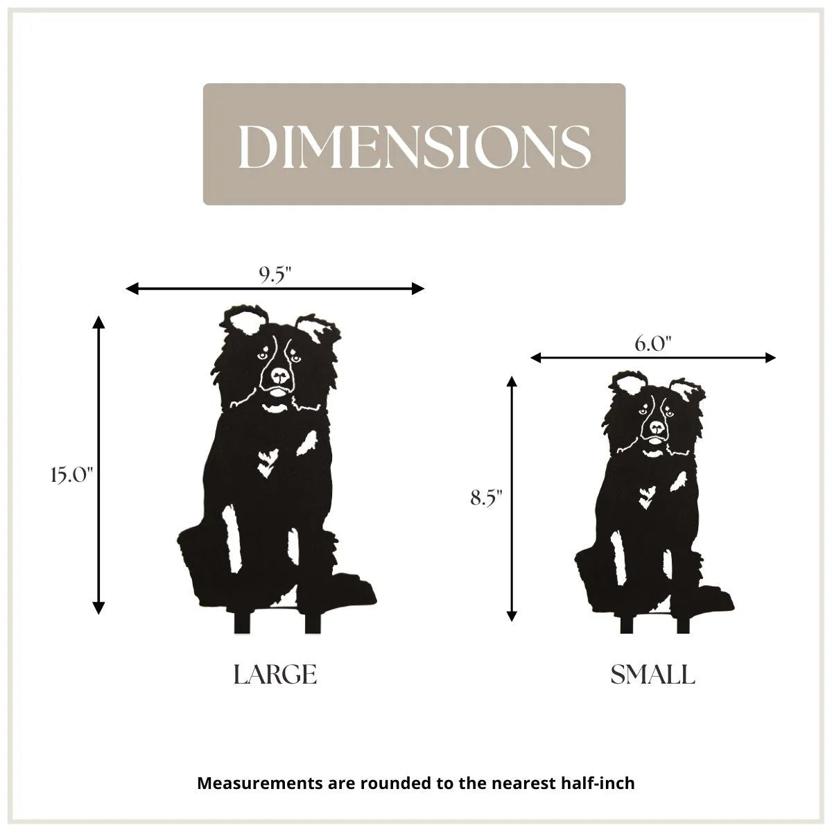 Border Collie silhouette dimensions in black, showcasing small (8.5") and large (15") metal dog decor options.
