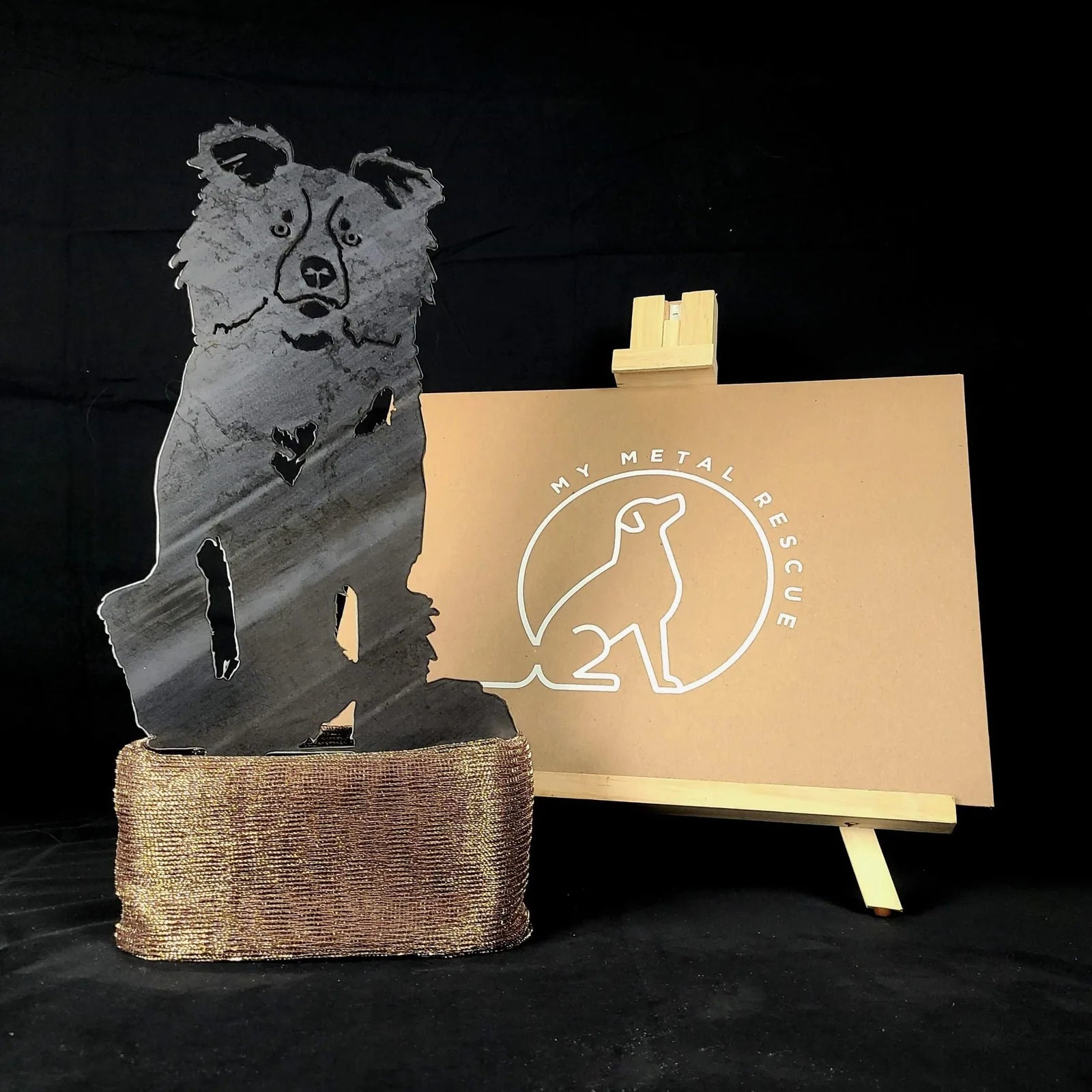 Border Collie metal silhouette in dark finish with textured base, showcasing a handcrafted design by My Metal Rescue.