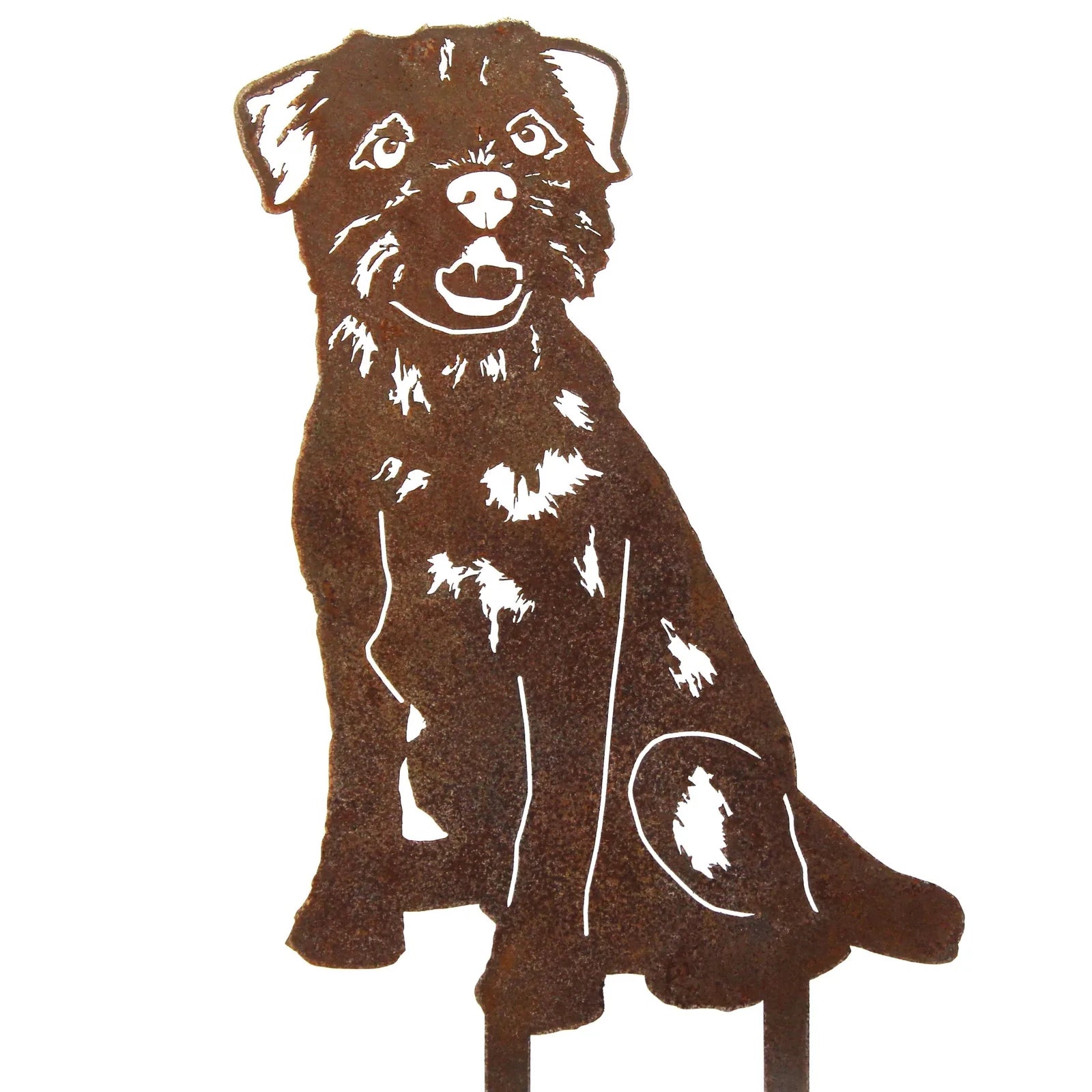 Rustic Border Terrier silhouette made from weathering steel, showcasing a detailed, playful expression.