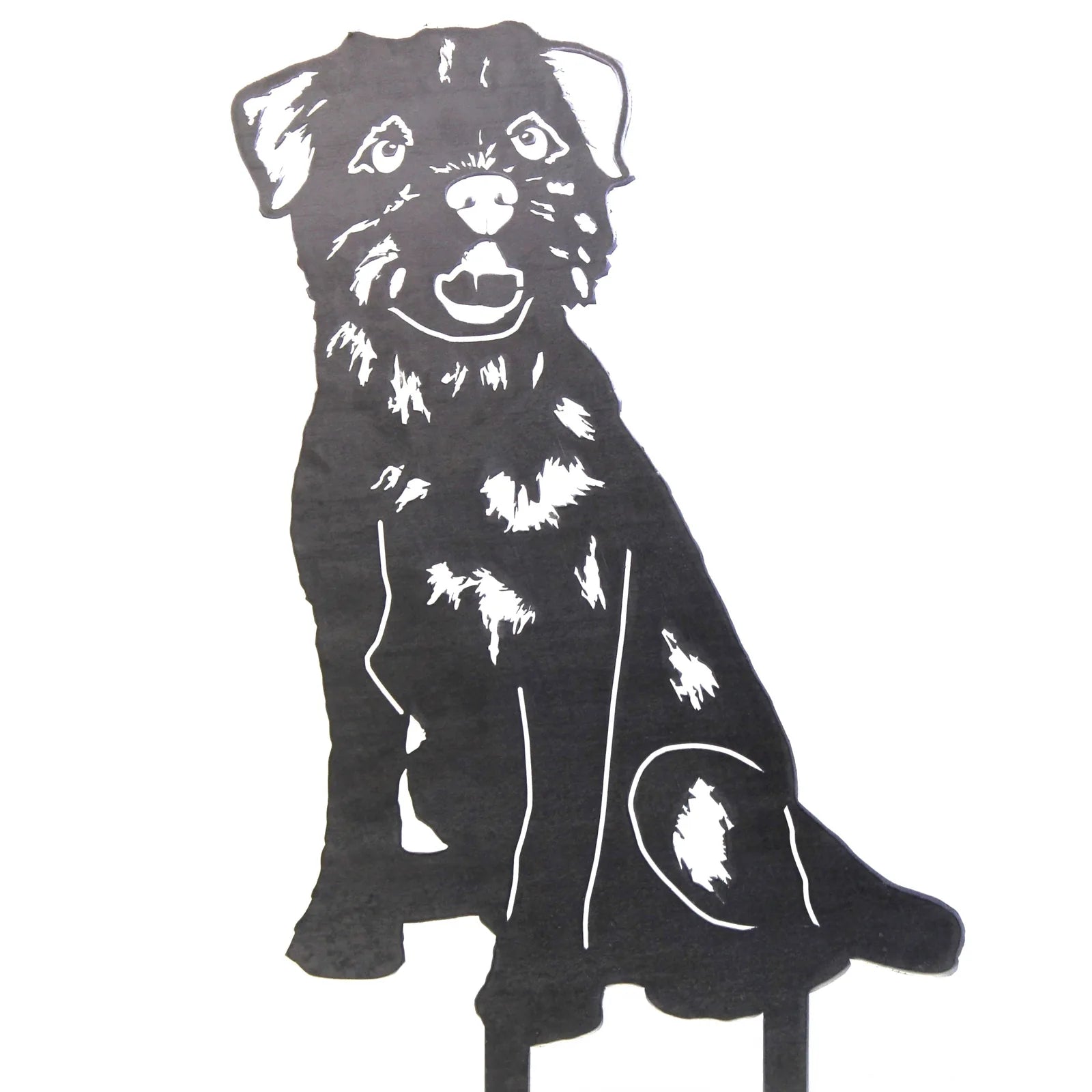 Sitting Border Terrier silhouette in matte black metal, showcasing intricate details, ideal for outdoor decor.