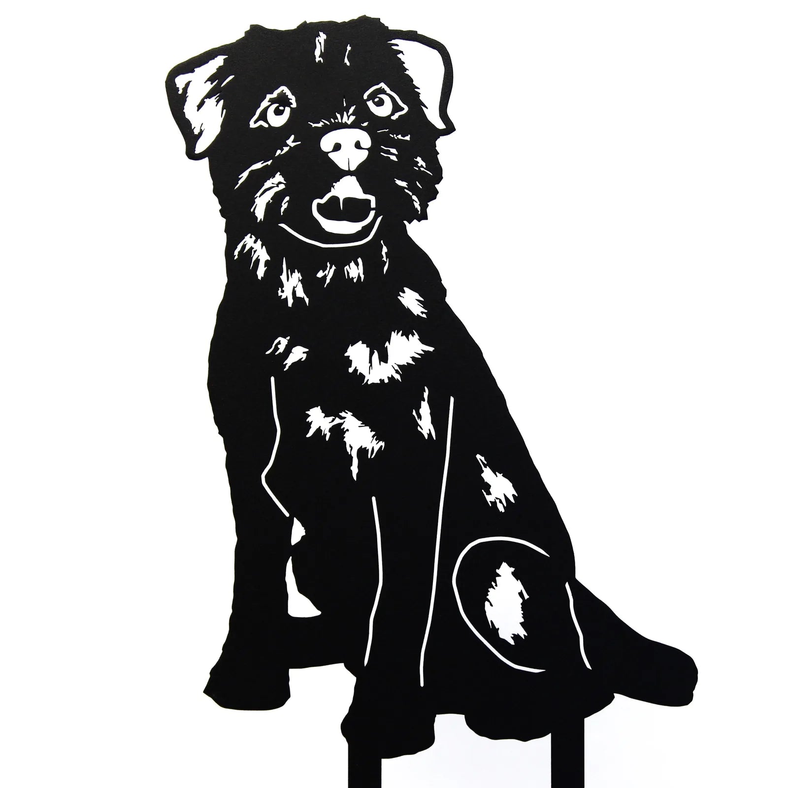 Black metal silhouette of a Border Terrier, showcasing detailed fur and facial features, with stakes for ground installation.