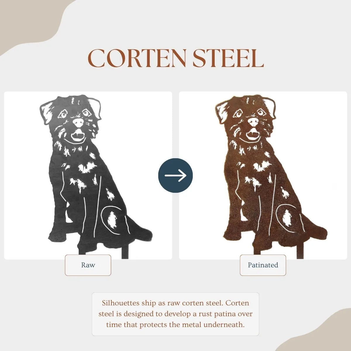 Border Terrier metal silhouette showing raw steel on the left and rust patina on the right, highlighting design features.