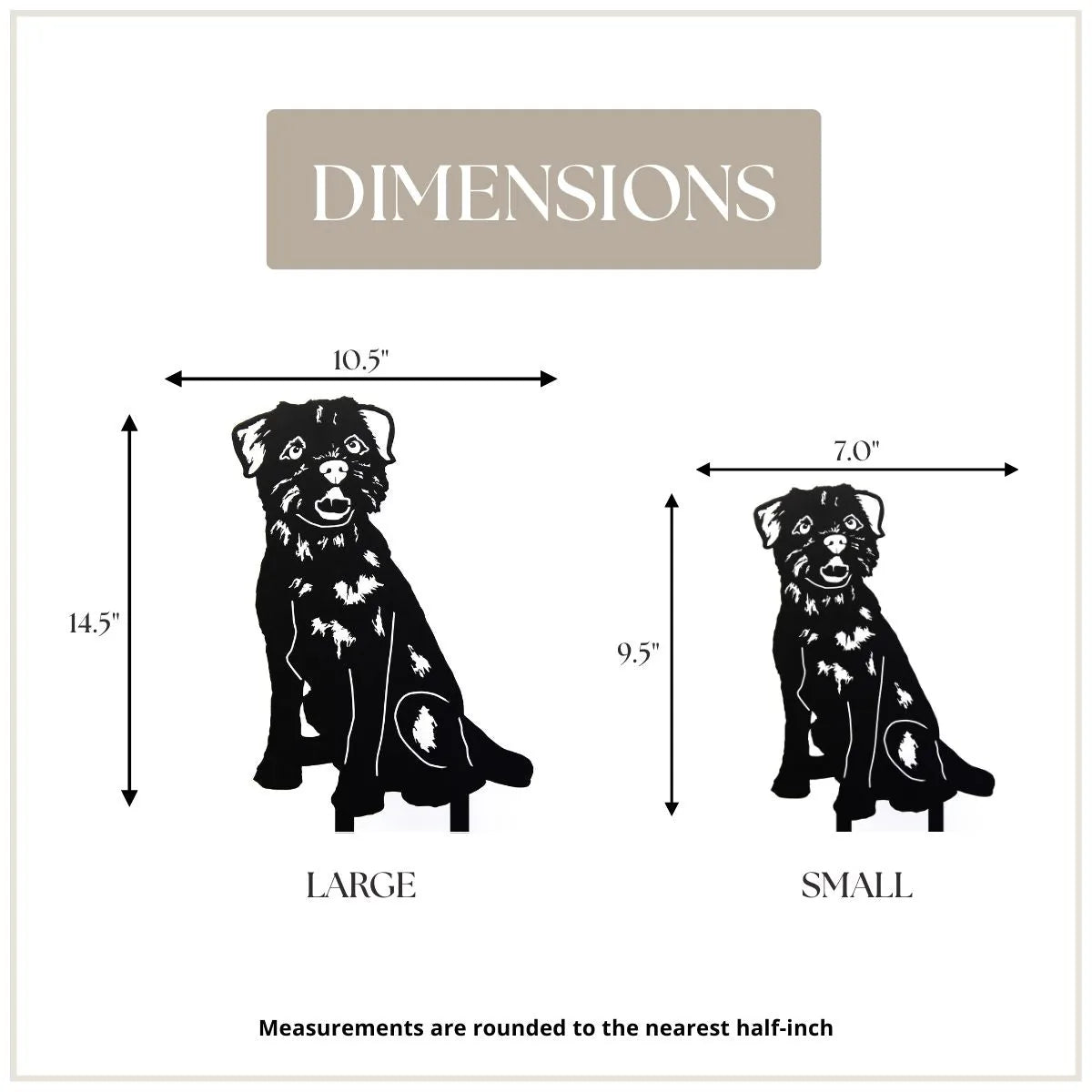 Border Terrier metal silhouette dimensions labeled for large (14.5" x 10.5") and small (9.5" x 7") sizes.