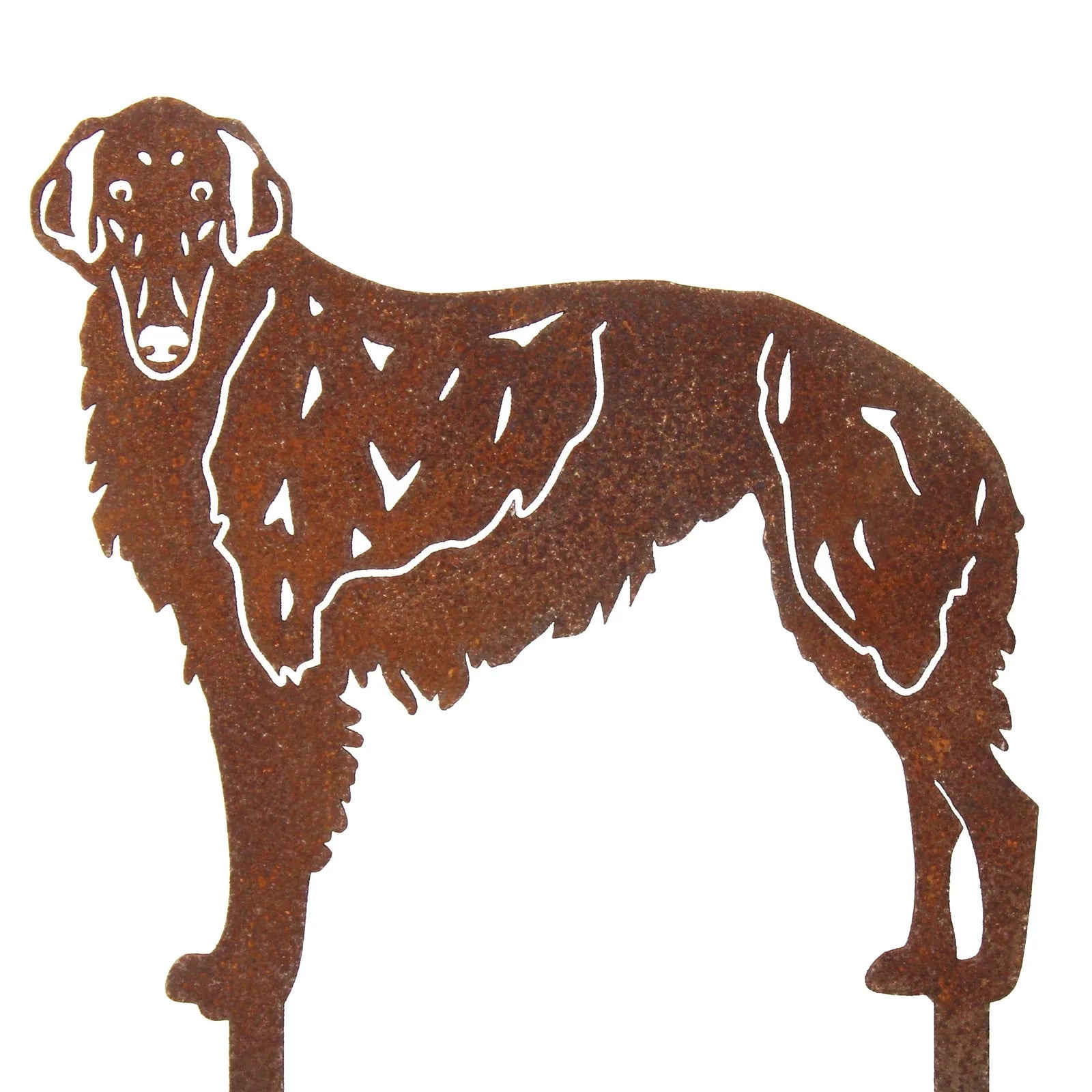 Borzoi dog silhouette in rusted Corten steel, showcasing intricate cutouts for outdoor decor.
