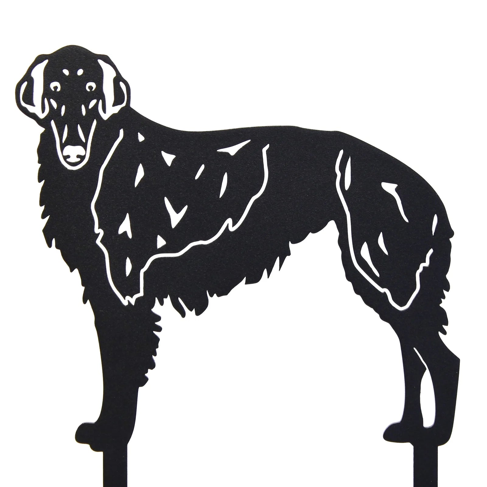 Borzoi dog silhouette in matte black metal art, featuring detailed fur patterns and elegant posture for outdoor decor.