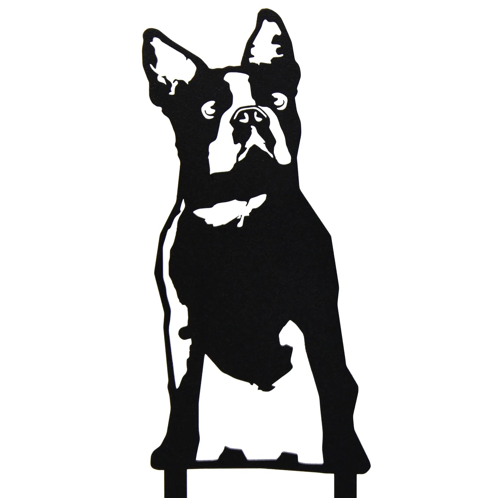 Black silhouette of a Boston Terrier metal wall art, showcasing intricate details and a sleek design for outdoor decor.