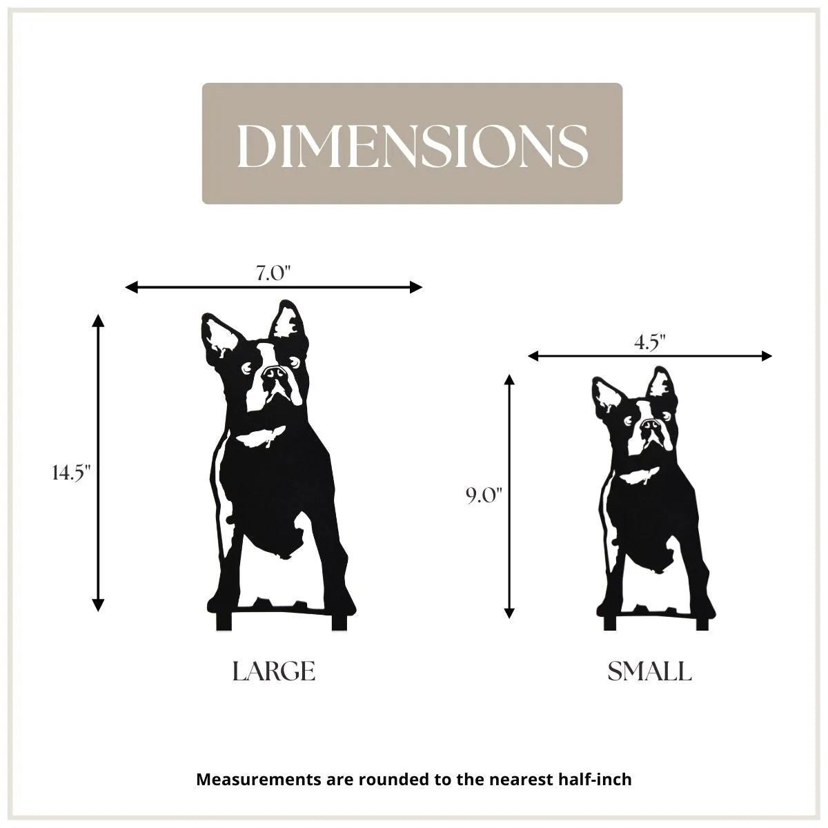 Boston Terrier silhouette wall art dimensions, showcasing large (14.5" x 7") and small (9" x 4.5") sizes.