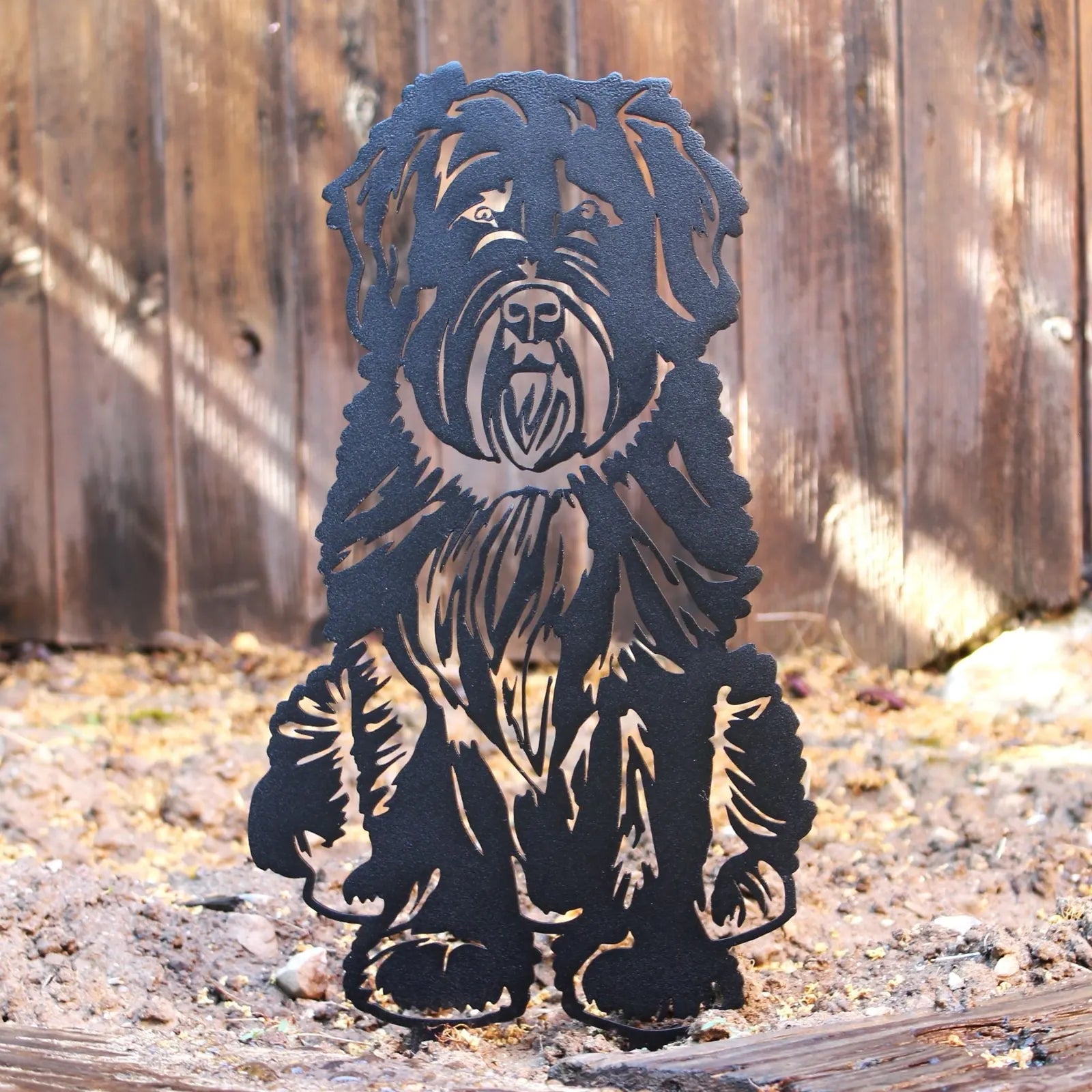 Bouvier Des Flandres metal silhouette in black, handcrafted from weathering steel, perfect for outdoor decor.