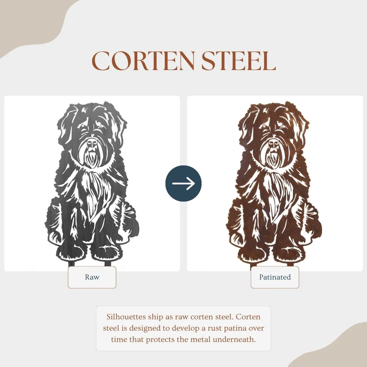 Bouvier Des Flandres metal silhouette showing raw and patinated Corten steel finishes for outdoor decor.