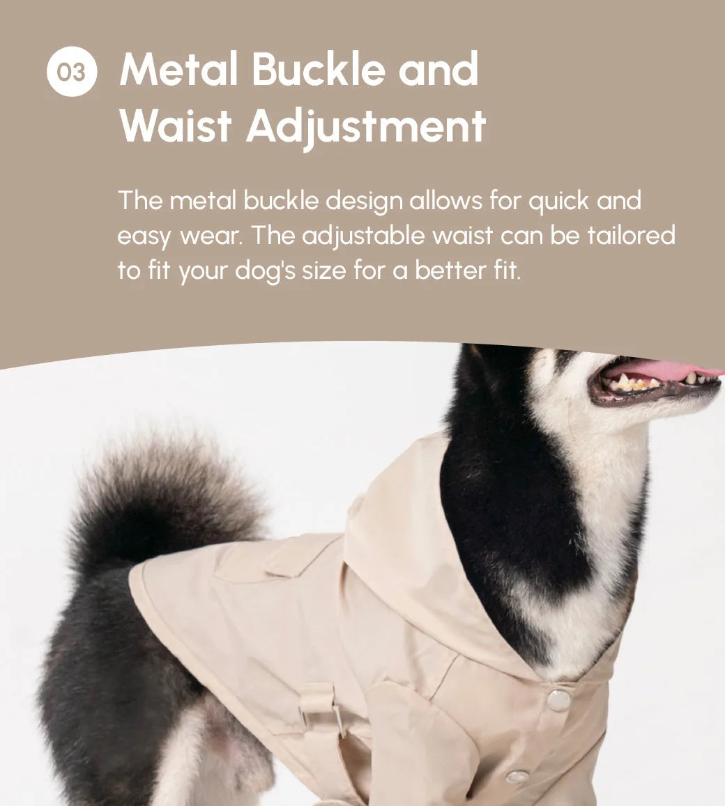 Beige Bowery raincoat on a dog, featuring a metal buckle design and adjustable waist for a customized fit.