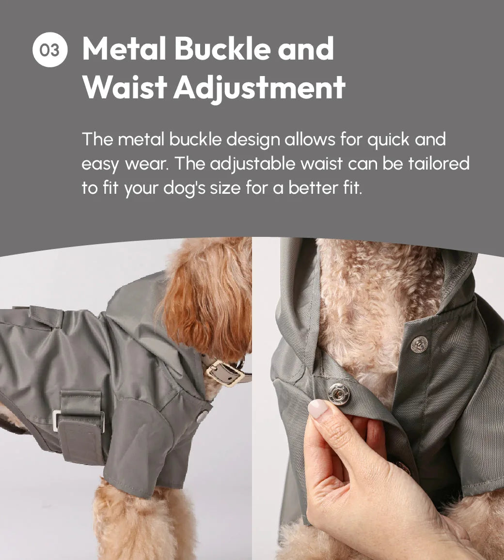Gray water-repellent dog raincoat featuring adjustable metal buckle and Velcro for a secure fit.