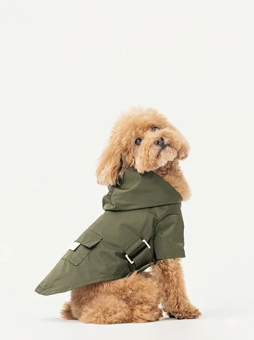 Green Bowery raincoat on a fluffy dog, featuring adjustable straps and a back pocket.