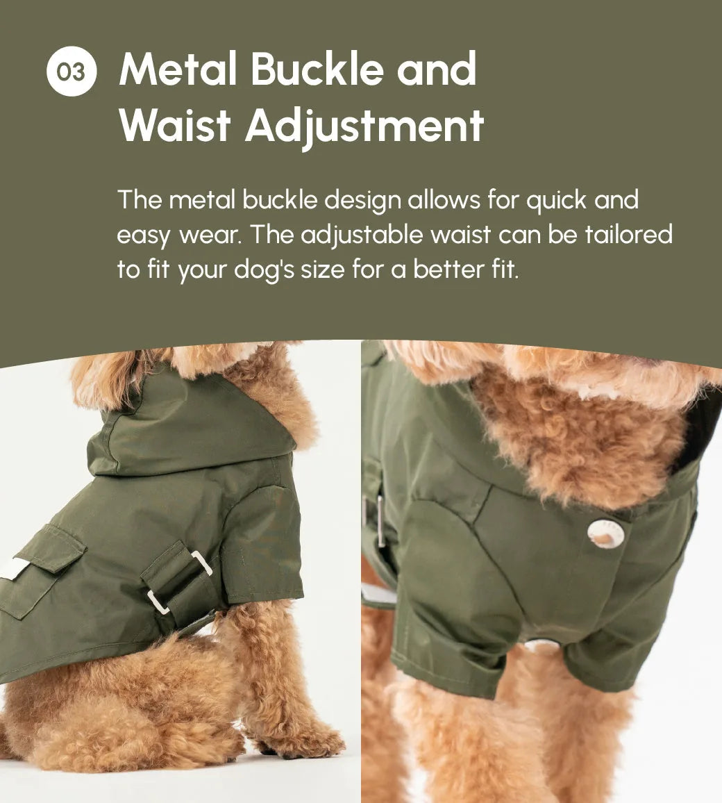 Green Bowery raincoat for dogs featuring a metal buckle, adjustable waist, and stylish logo snaps for secure closure.