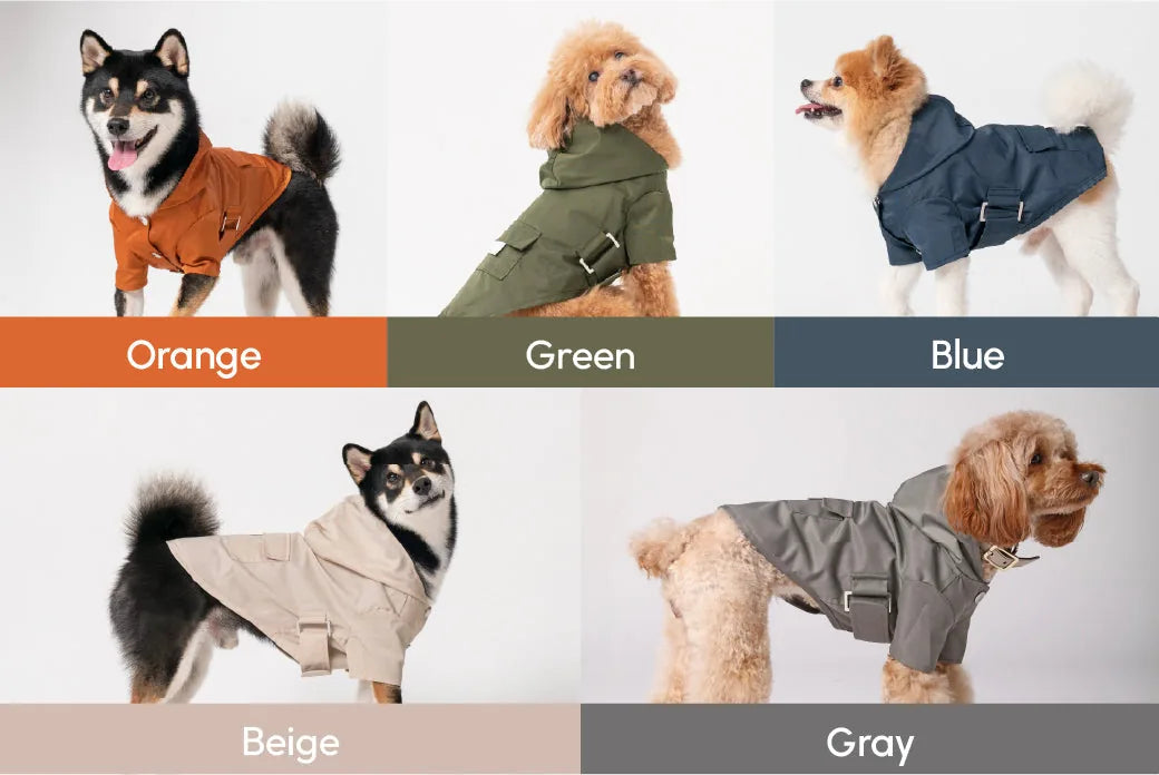 Bright orange dog raincoat featuring snap closures, adjustable velcro, and a stylish design for wet weather.