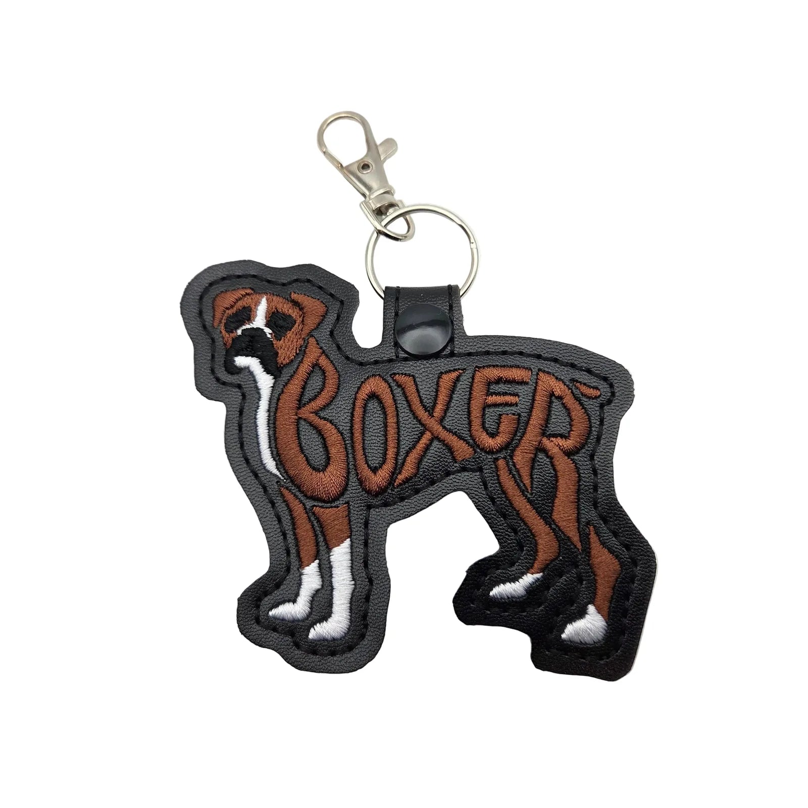 Embroidered Boxer dog keychain tab in brown and black faux leather with metal clasp and split ring for easy attachment.